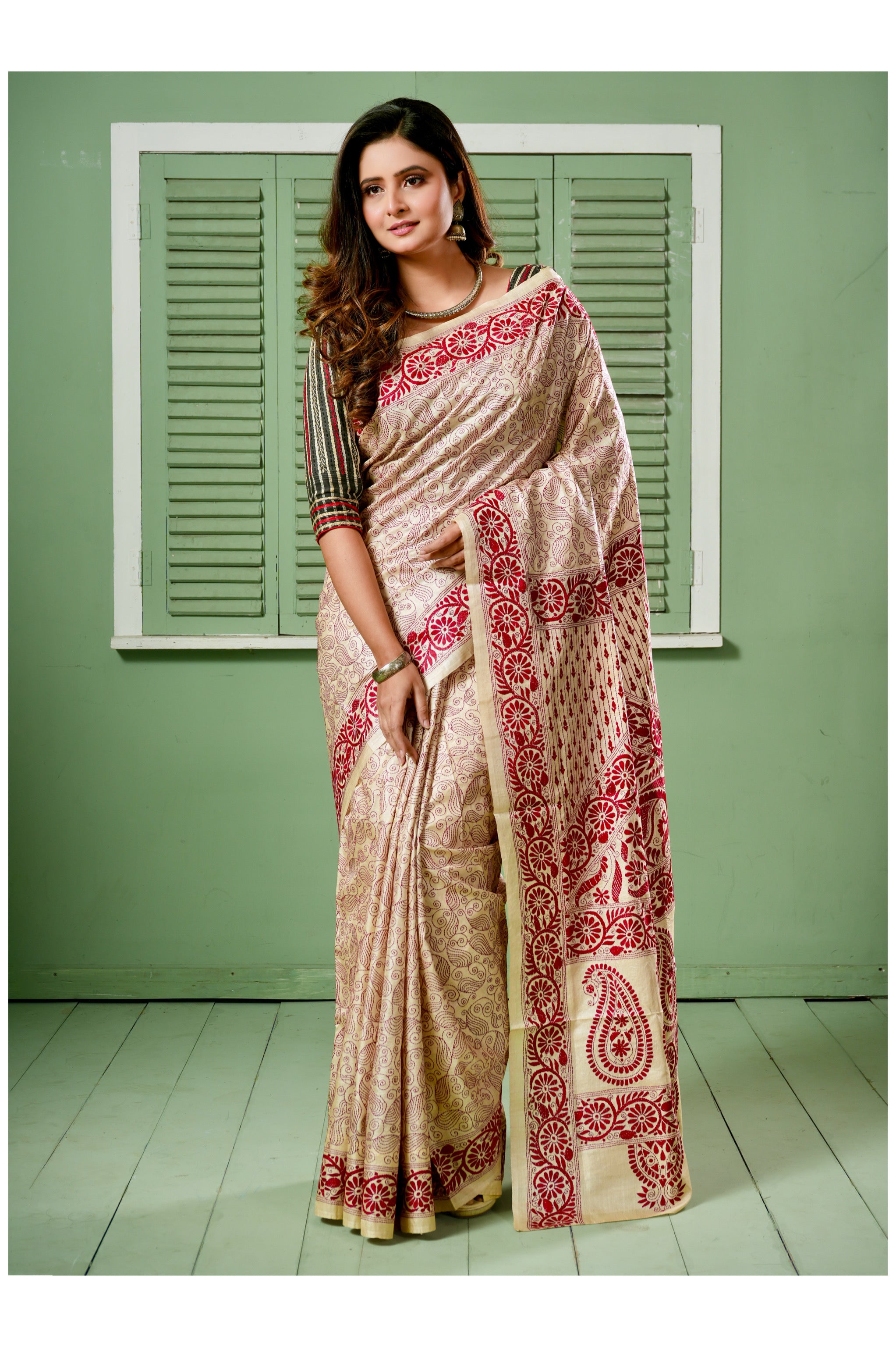 Pure Tussar Silk Kantha Stitch -  Beige Maroon