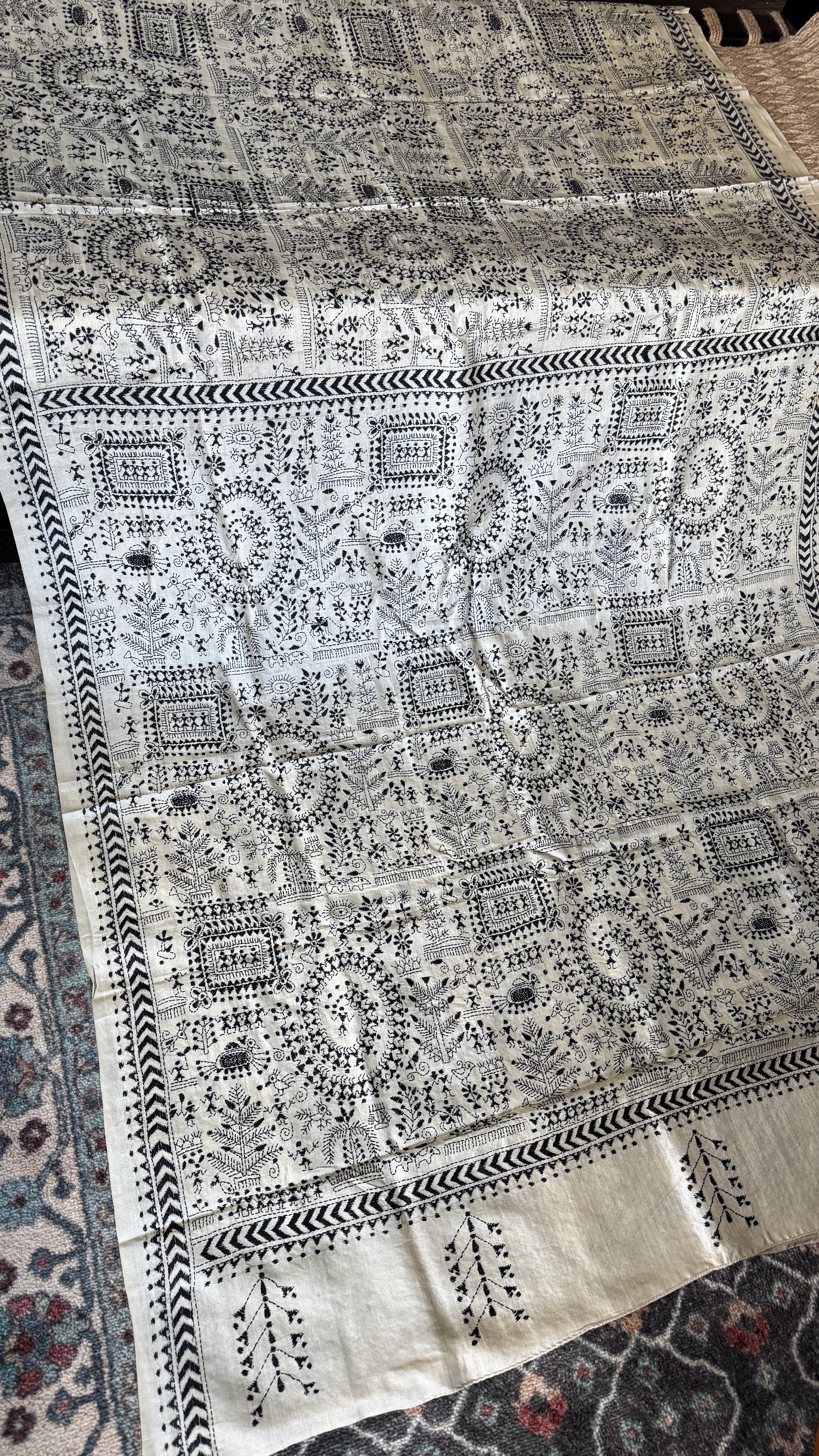 Pure Tussar Silk Kantha Stitch -  Beige Worli Art