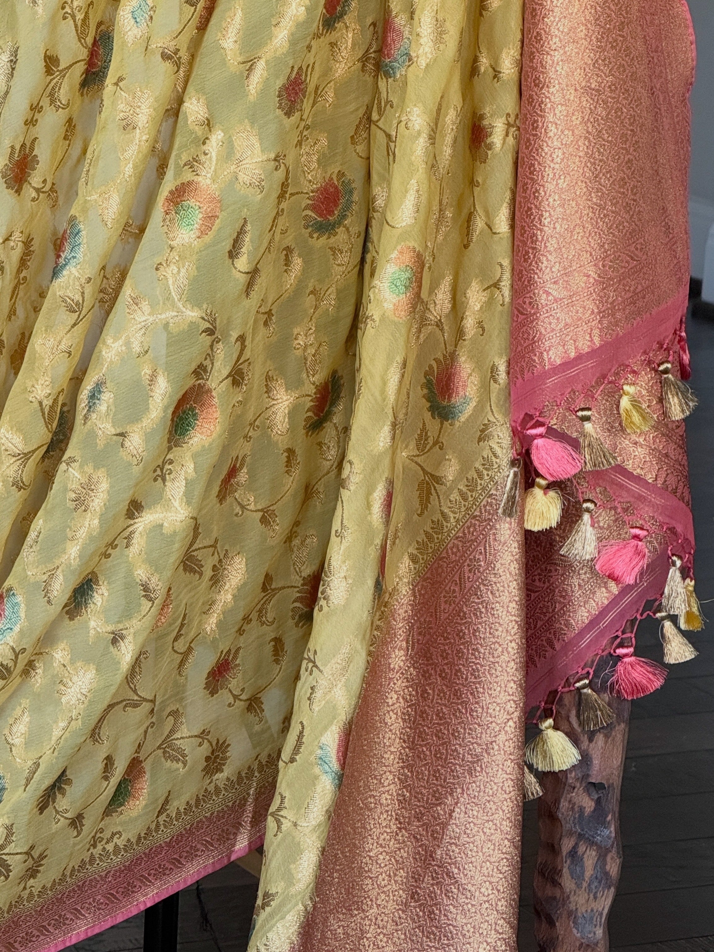Khaddi Georgette Banarasi - Yellow Meenakari