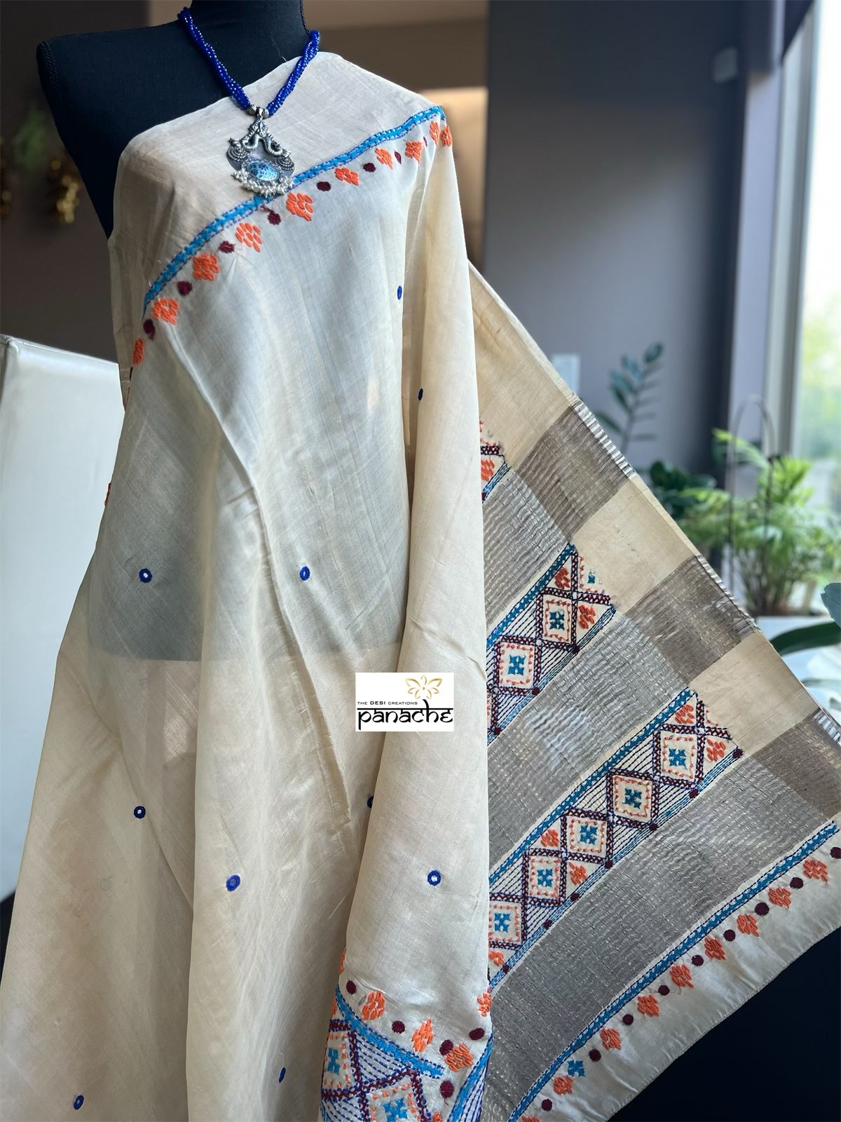 Pure Tussar Silk Lambani - Cream Hand Embroidered