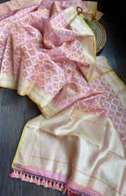 Pure Tissue Kora Silk Jamdaani Banarasi - Pink Golden Antique Zari