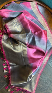 Tussar Silk Banarasi Shaded - Grey Raspberry Pink Antique Golden Zari