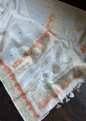 Pure Katan Silk Kadhua Banarasi - White antique Zari