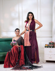 Designer Crepe Satin Silk Shaded - Wine Color Parsi Gara embroidered