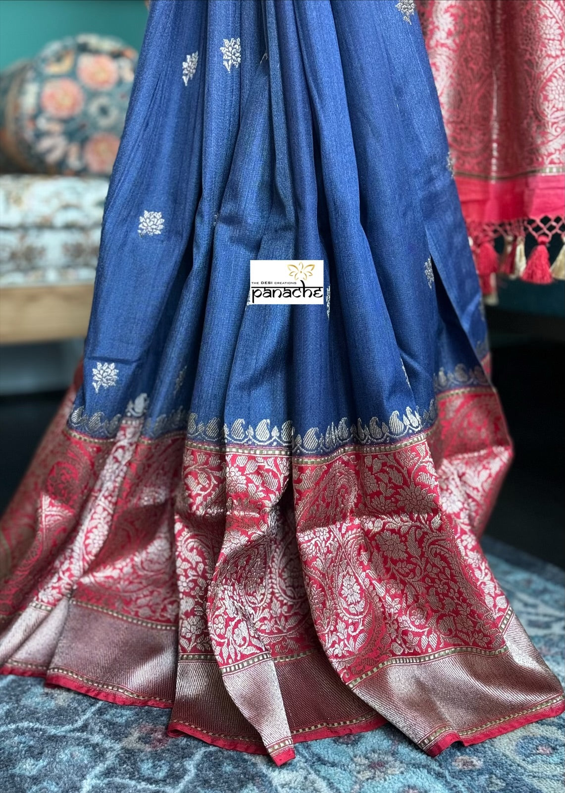 Pure Tassur by Katan Silk Banarasi - Navy Blue Red