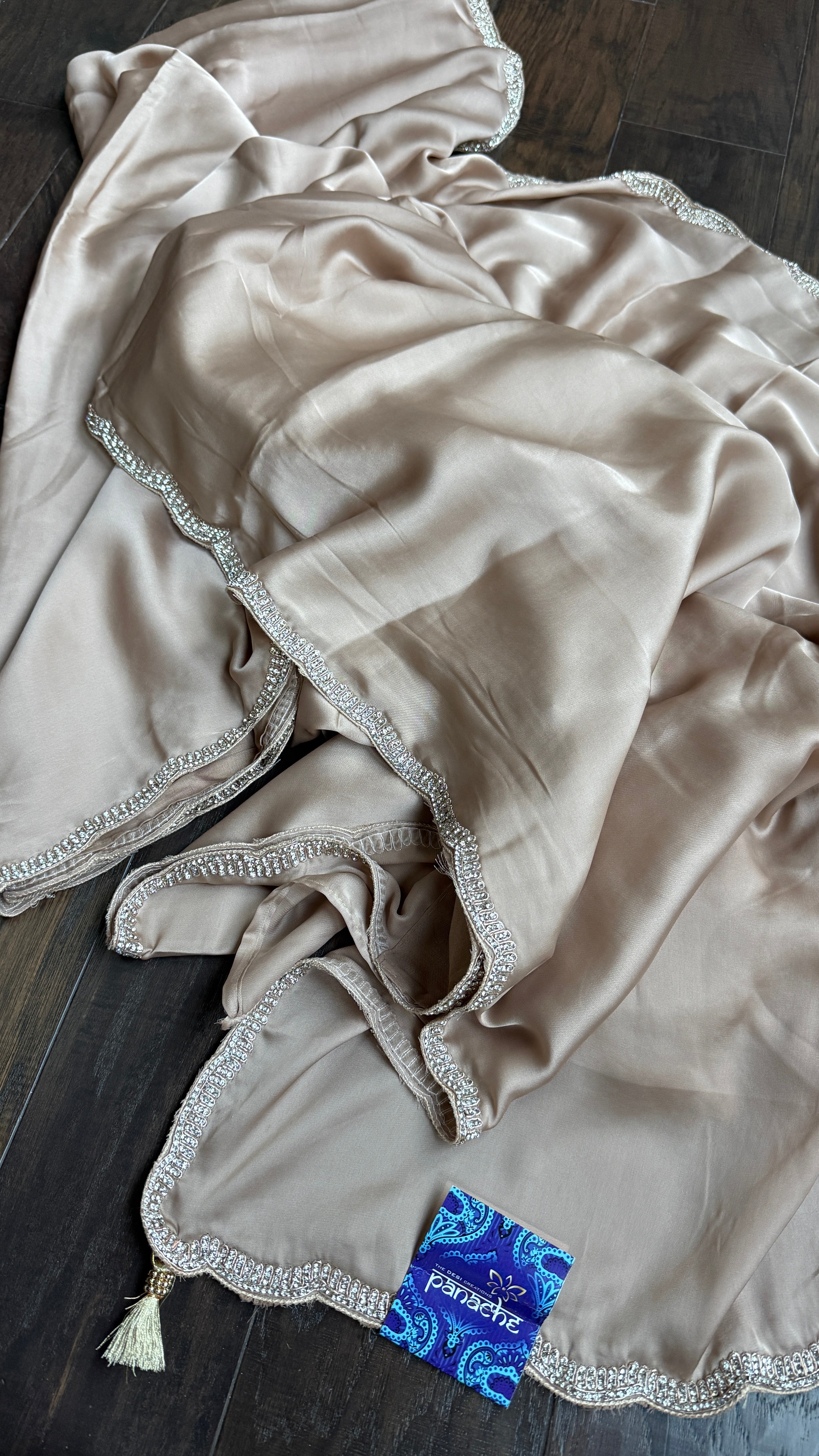 Designer Satin Silk - Light Mocha Stone Border