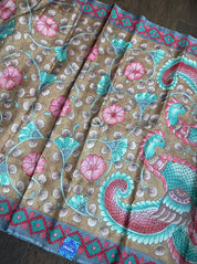 Tussar Silk Pen Kalamkari - Brown Hand Kutch Embroidered