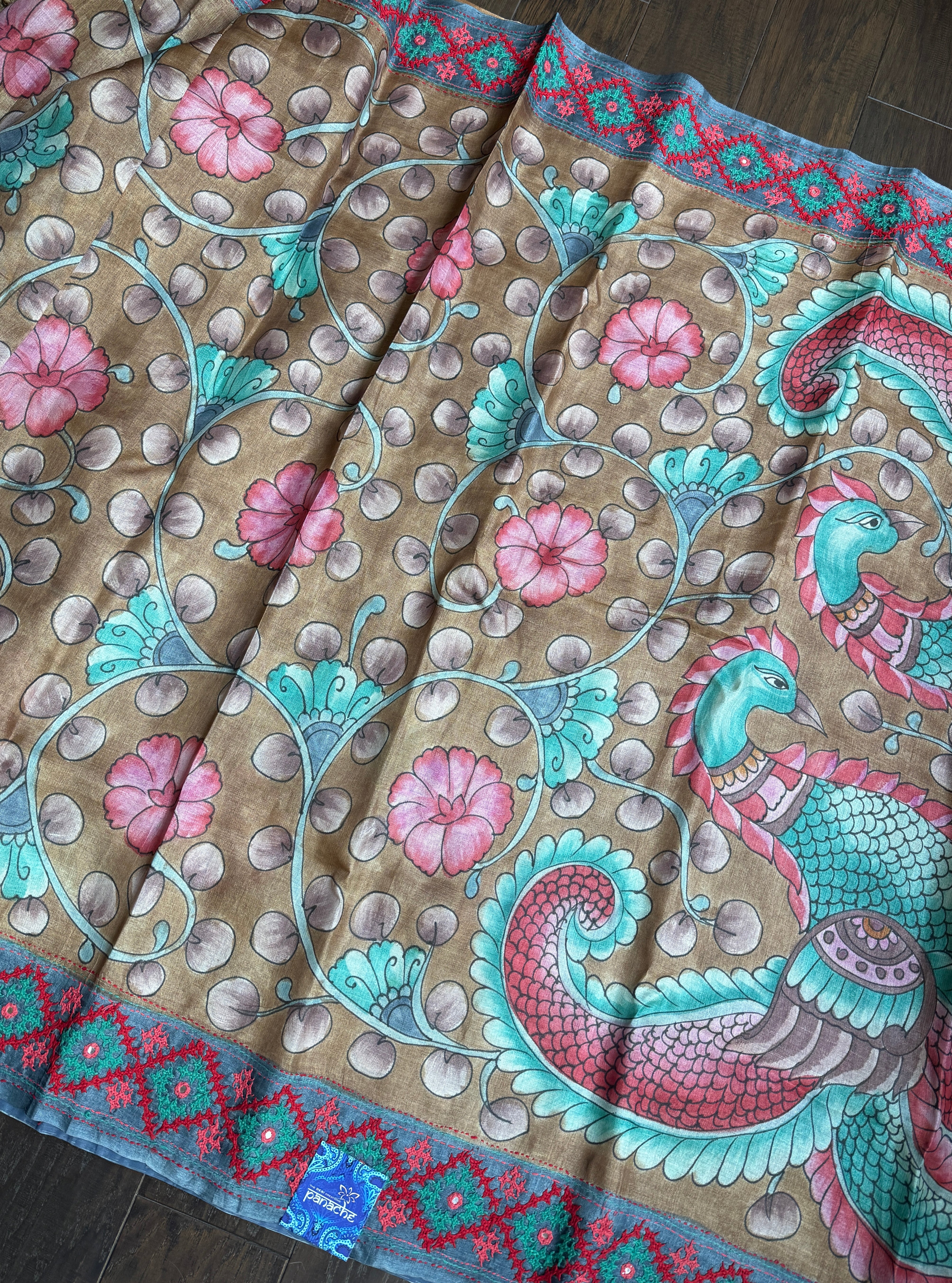 Tussar Silk Pen Kalamkari - Brown Hand Kutch Embroidered