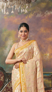 Khaddi Georgette Banarasi - Light Peach Cream Hand Brush Painted