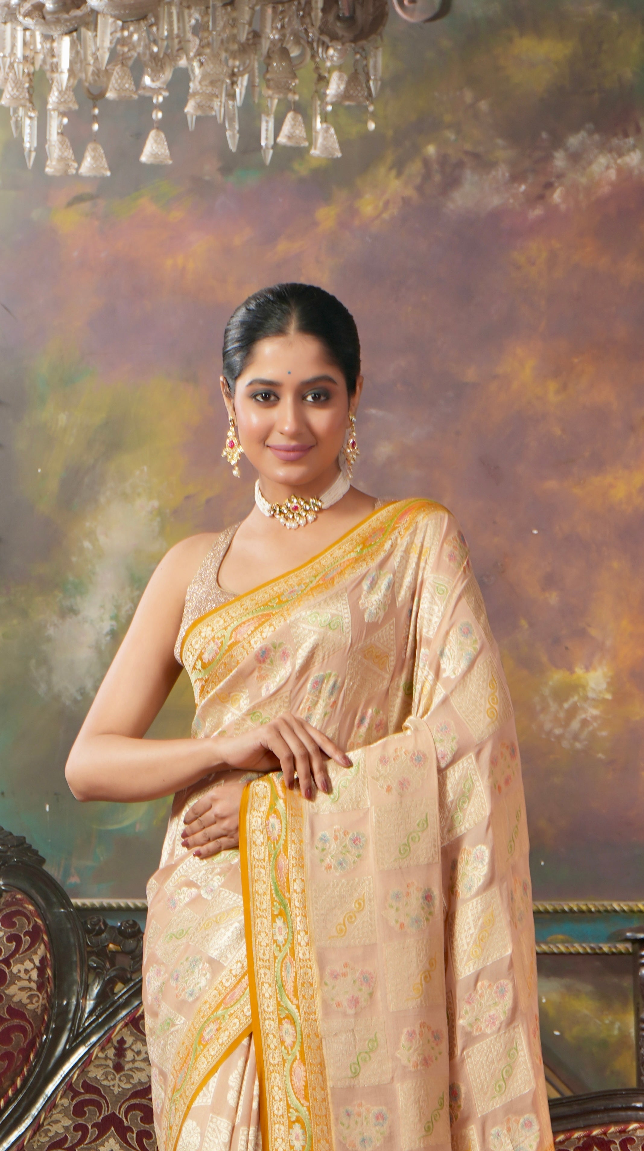 Khaddi Georgette Banarasi - Light Peach Cream Hand Brush Painted