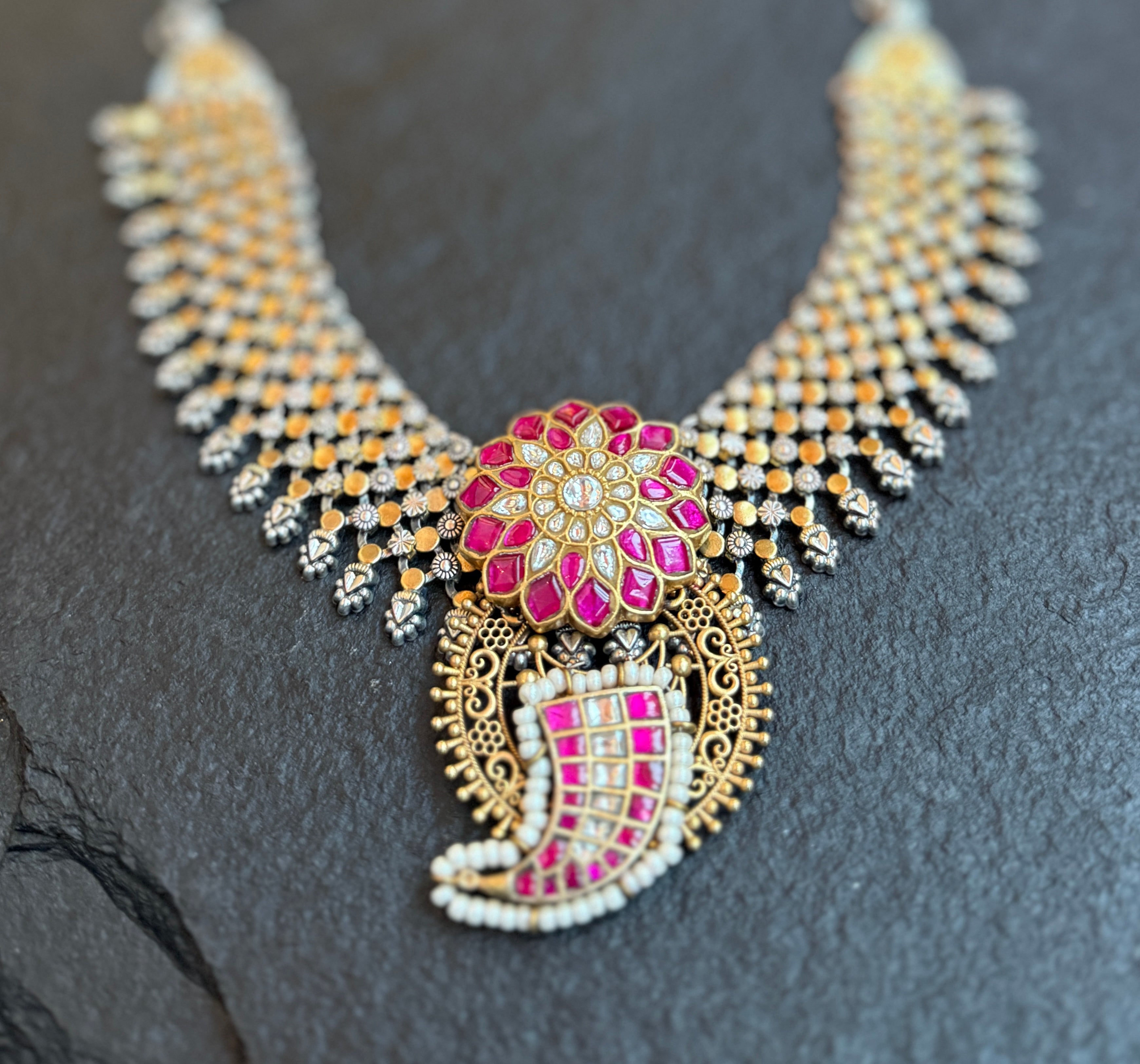 Pure Silver 925 Necklace- Kundan Pendant Statement Dual Tone