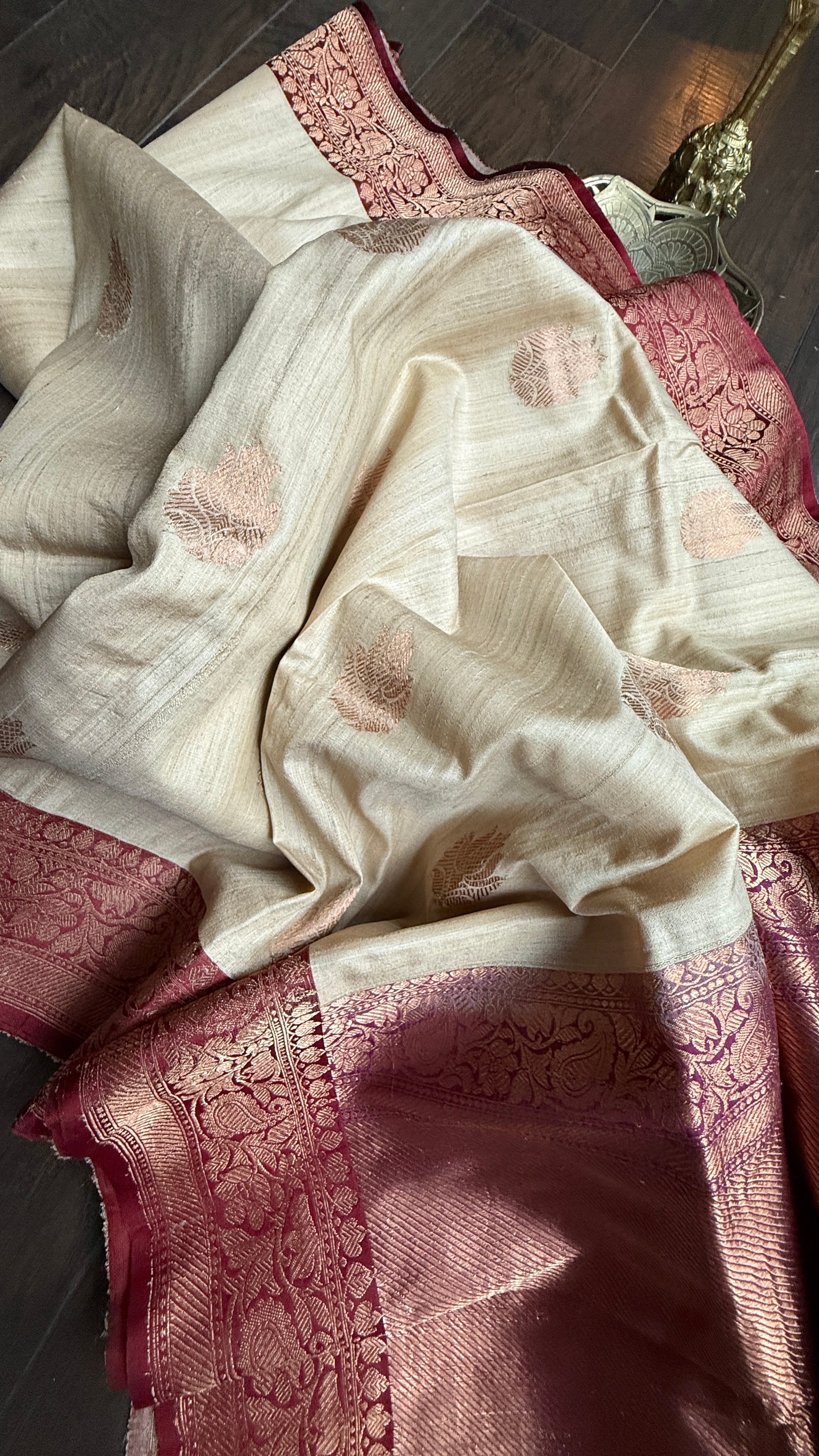 Pure Tussar Silk Banarasi - Beige Maroon