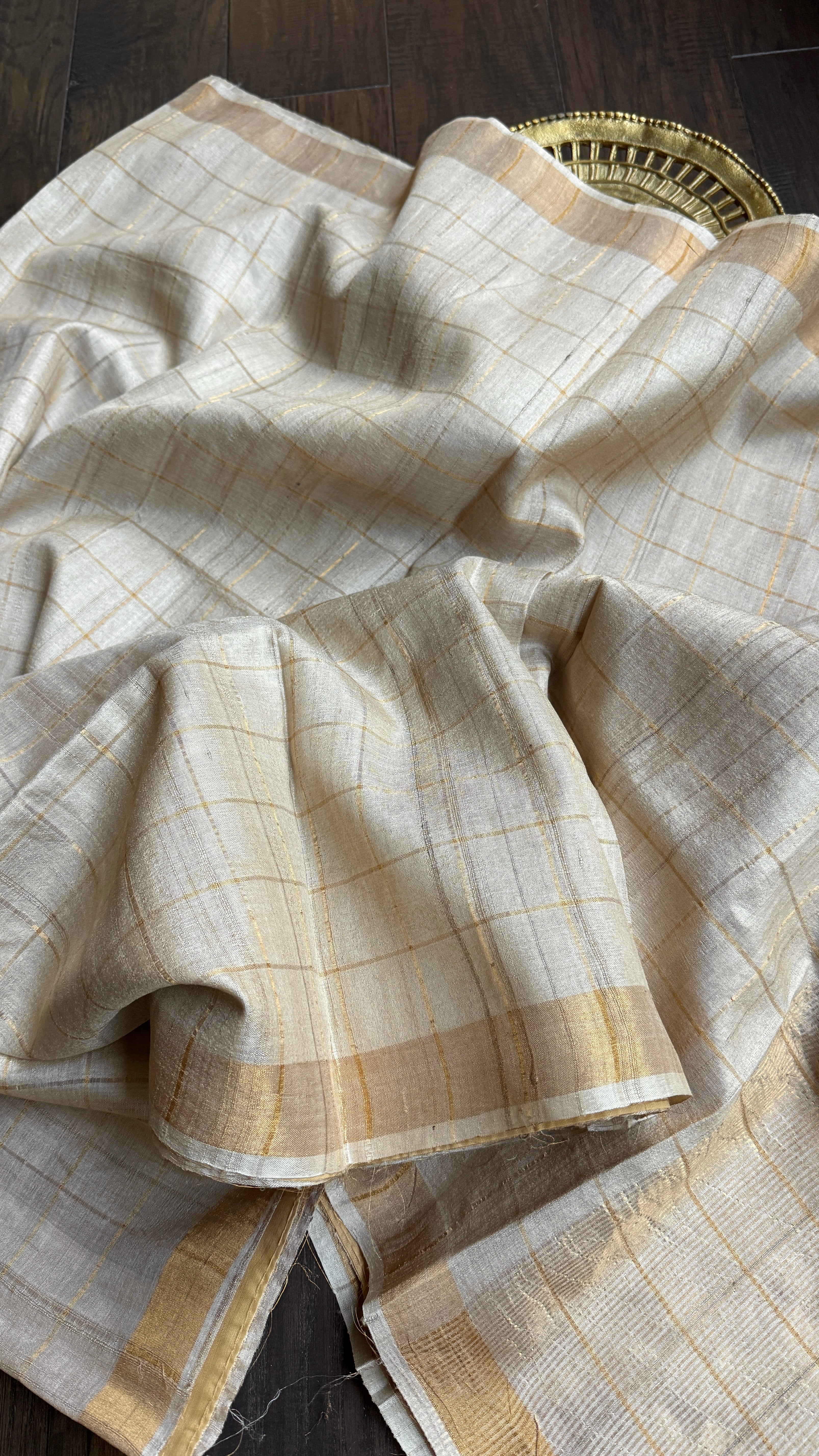 Pure Tussar Silk - Beige Golden Zari Woven5