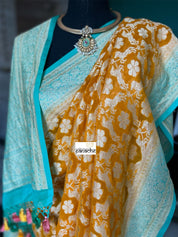 Khaddi Georgette Banarasi - Burnt Yellow Gold Sea Green