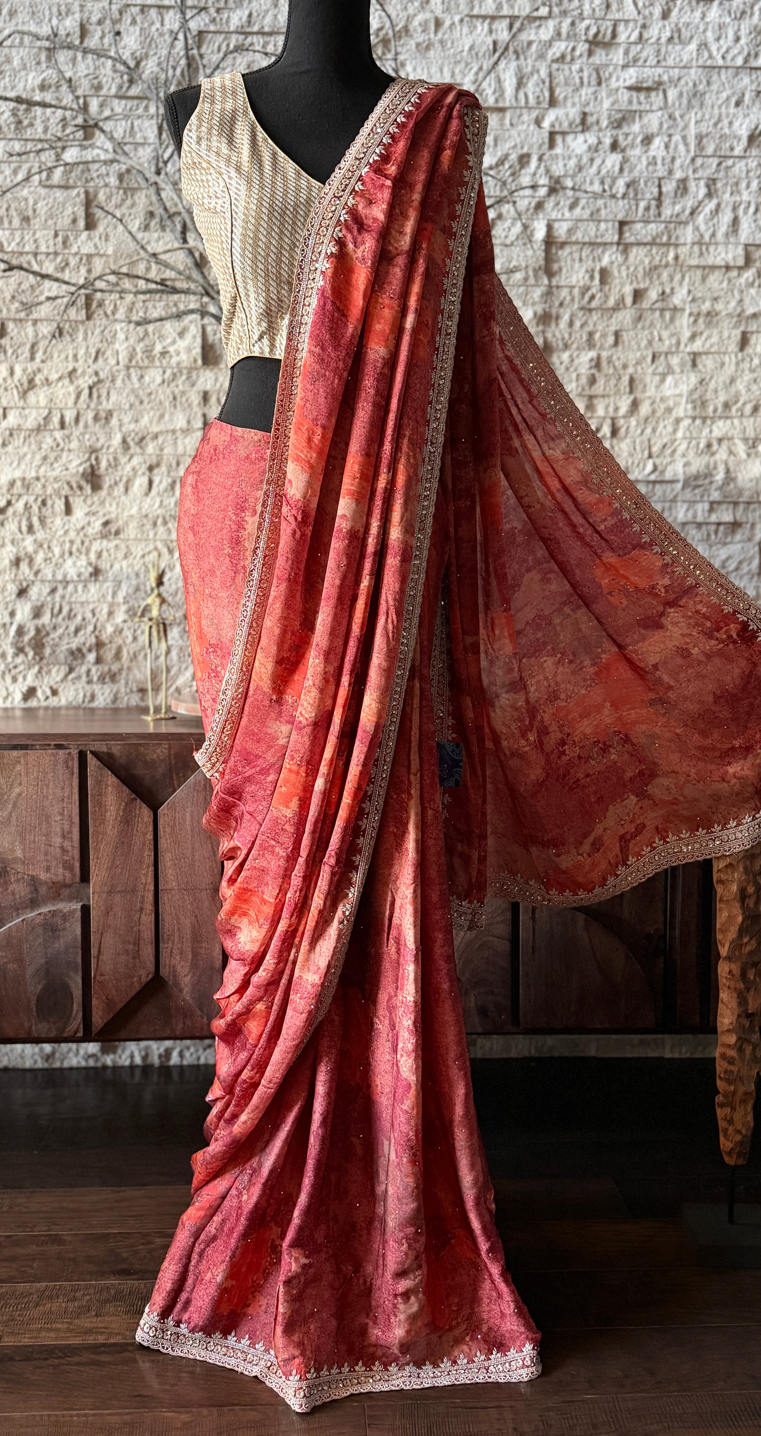 Designer Crepe Satin Marble Print - Rust Wine