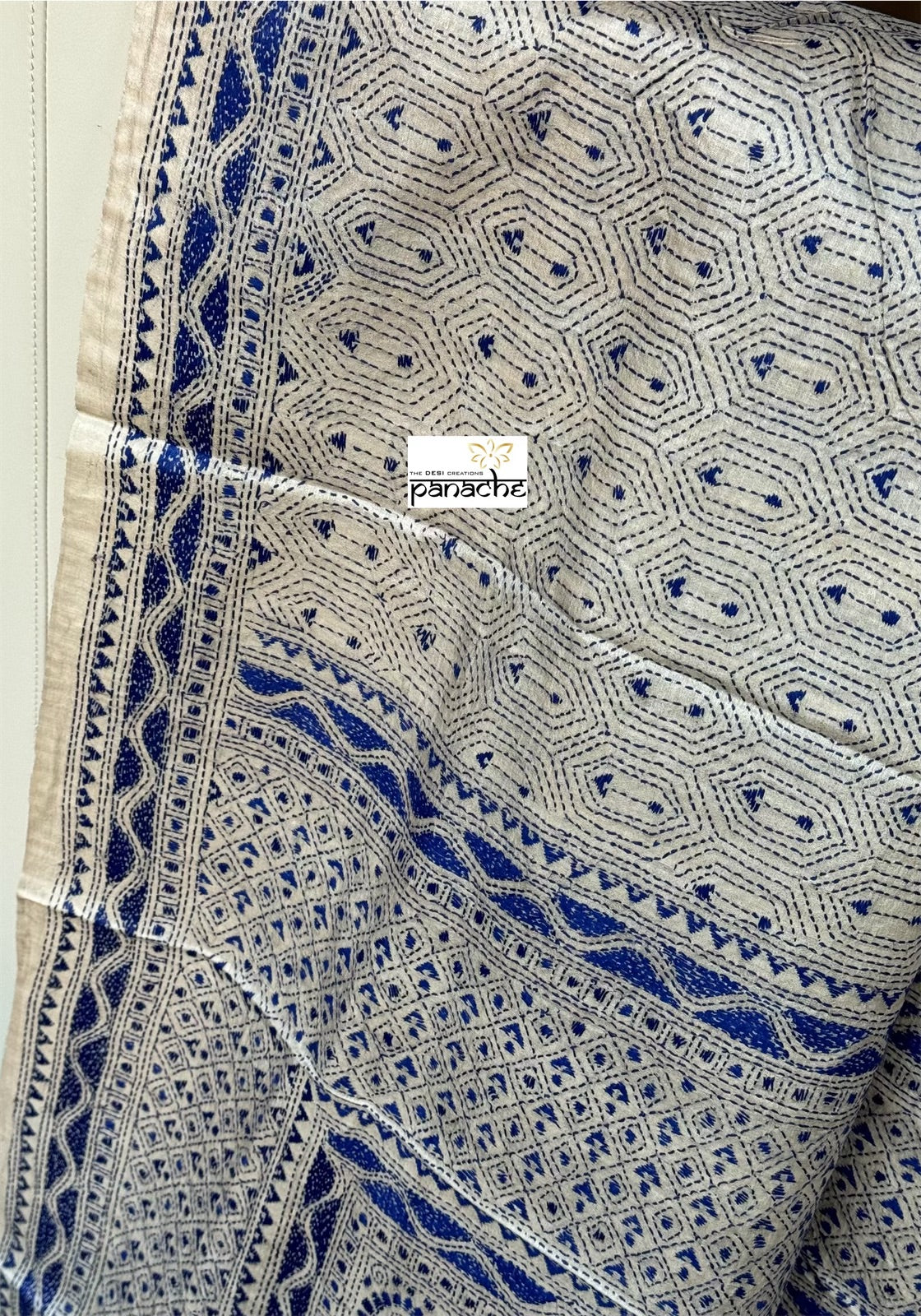 Pure Tussar Silk Kantha Stitch - Beige Blue
