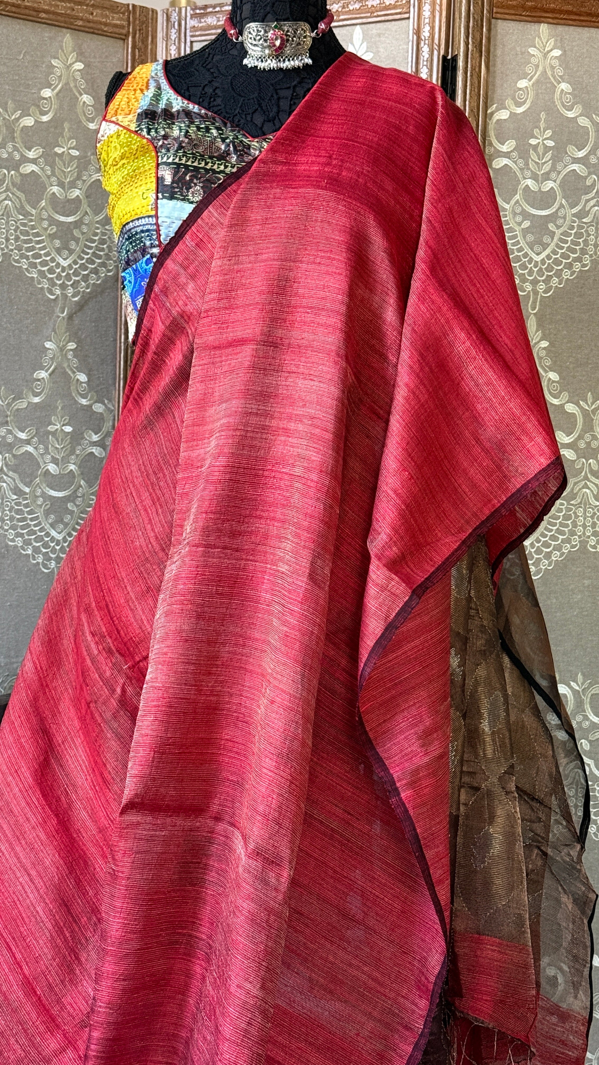 Pure Matka Silk - Red Muslin Jamdaani Palla