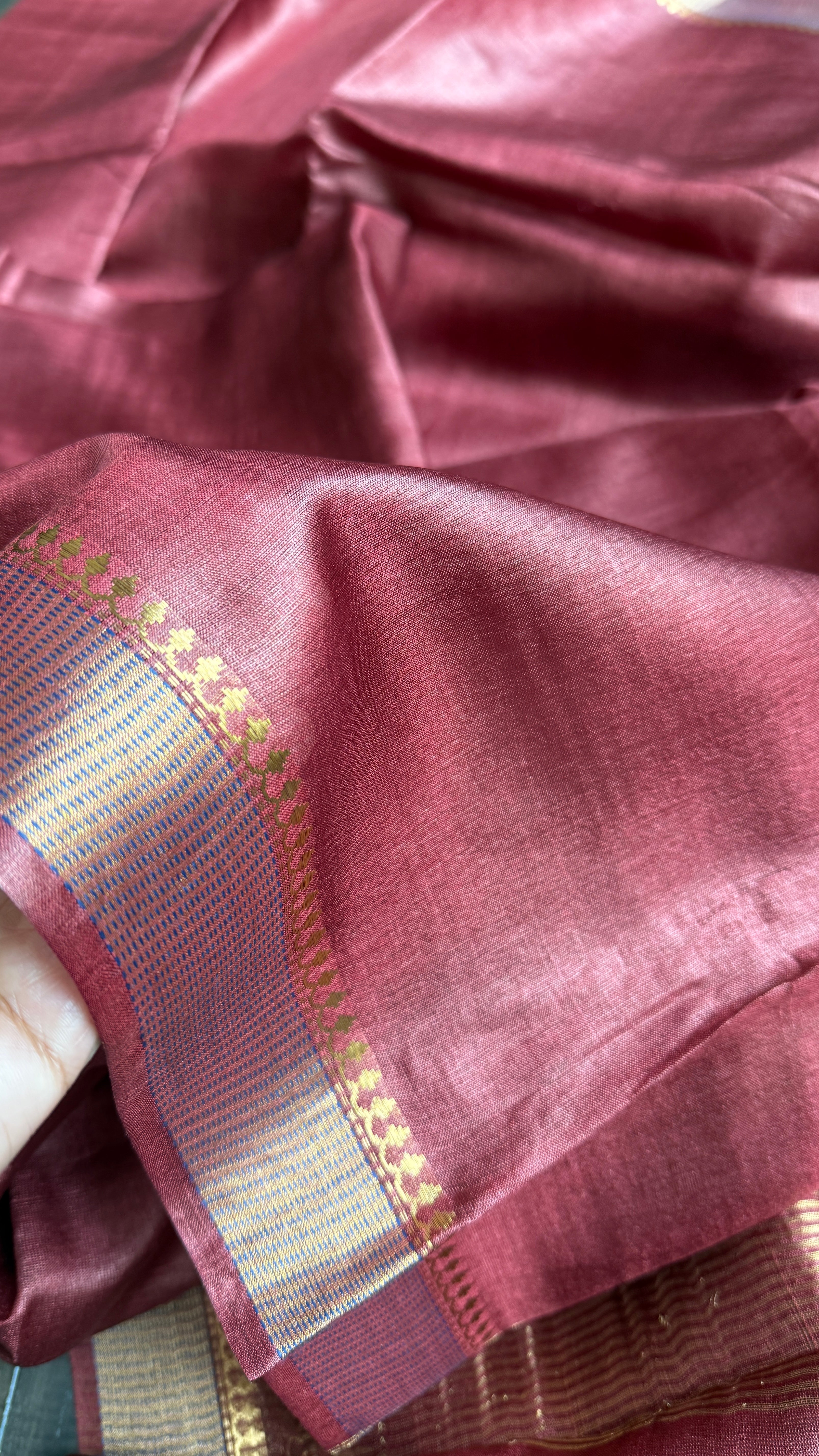Handwoven Tussar Silk - Maroon Golden Zari