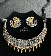 Necklace Choker 925 Silver - Dual tone Temple Stone