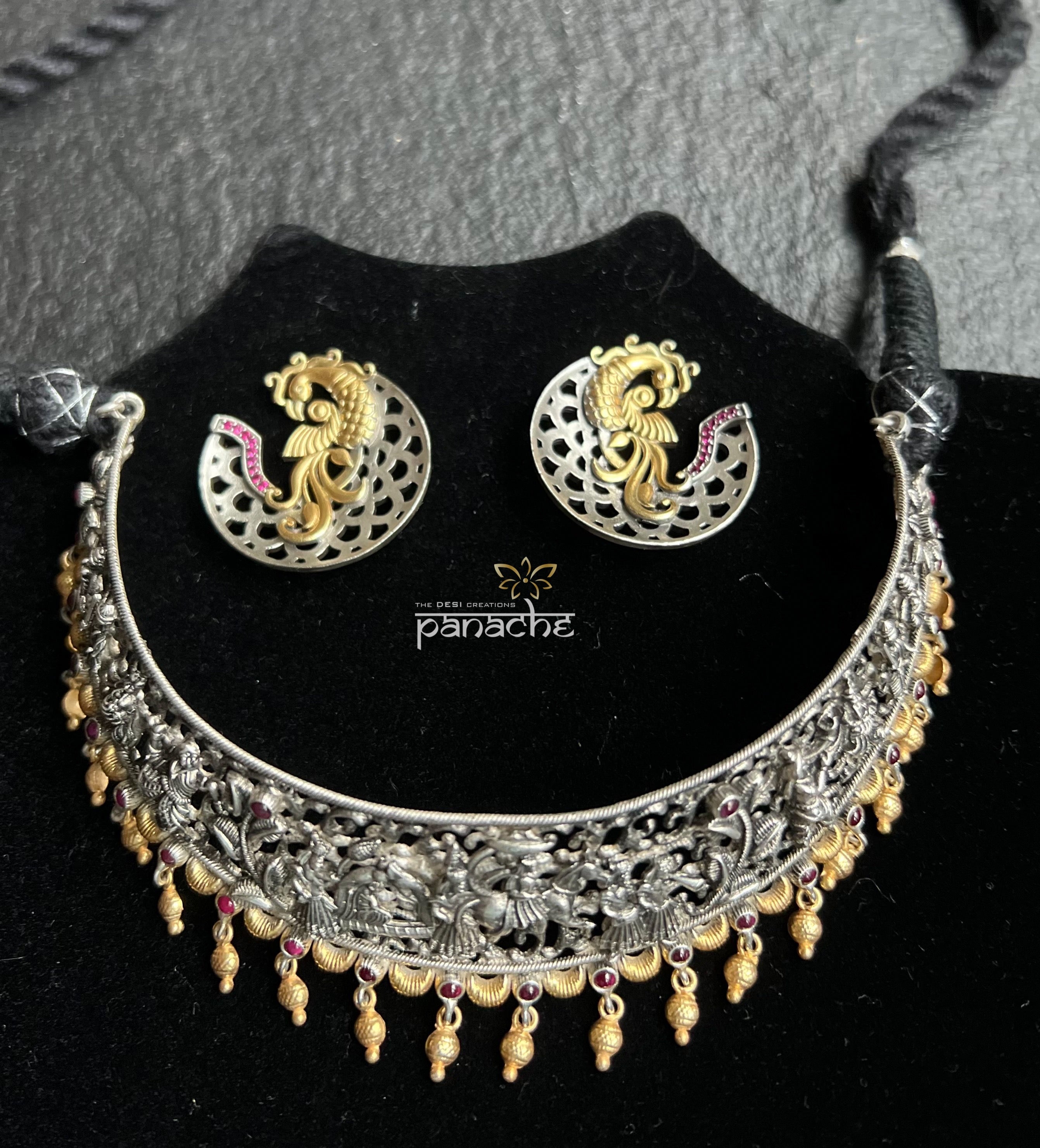 Necklace Choker 925 Silver - Dual tone Temple Stone