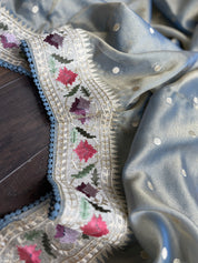 Designer Tissue Silk Paithani - Mettalic Grey Blue Embroidered