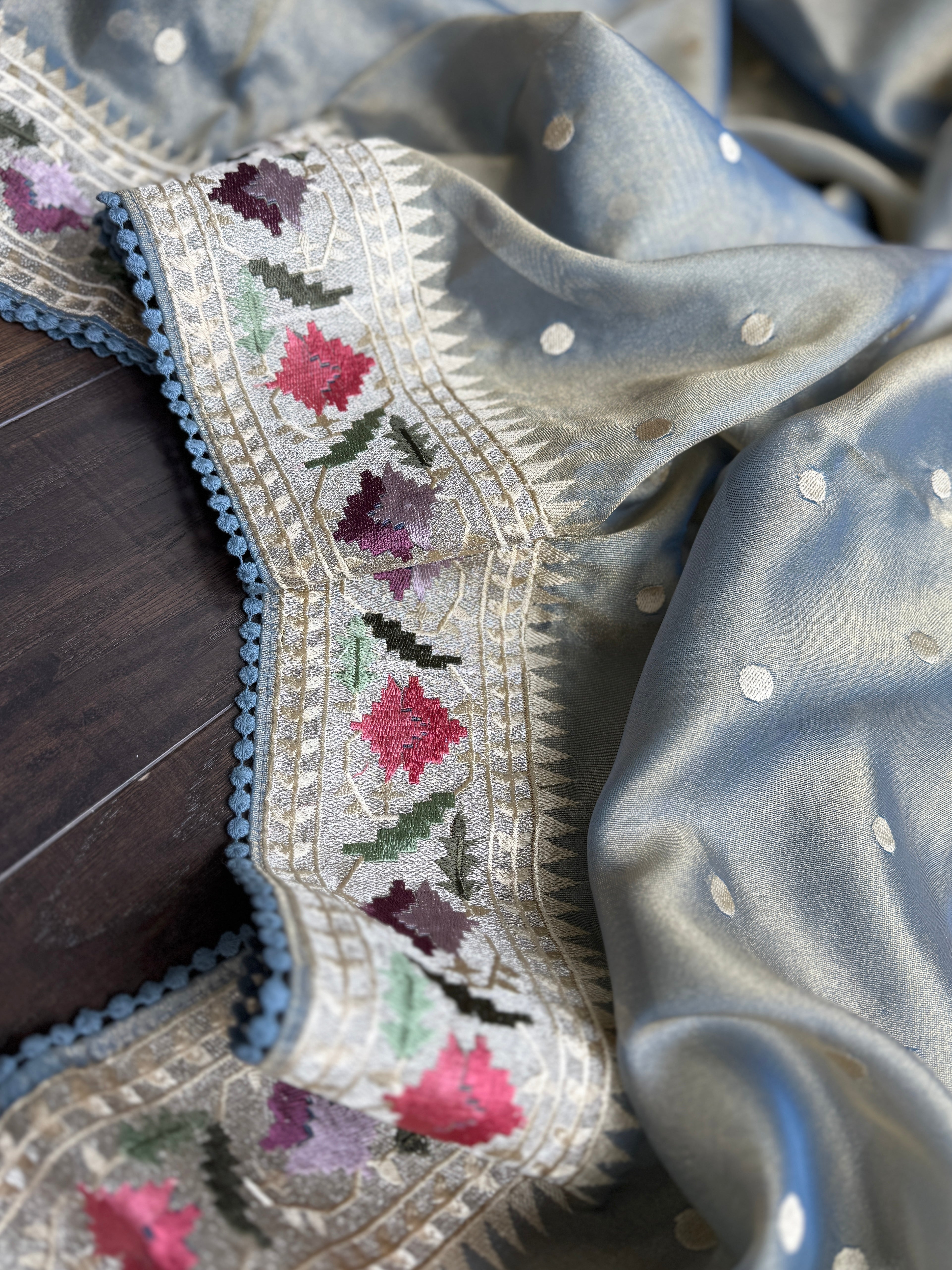 Designer Tissue Silk Paithani - Mettalic Grey Blue Embroidered