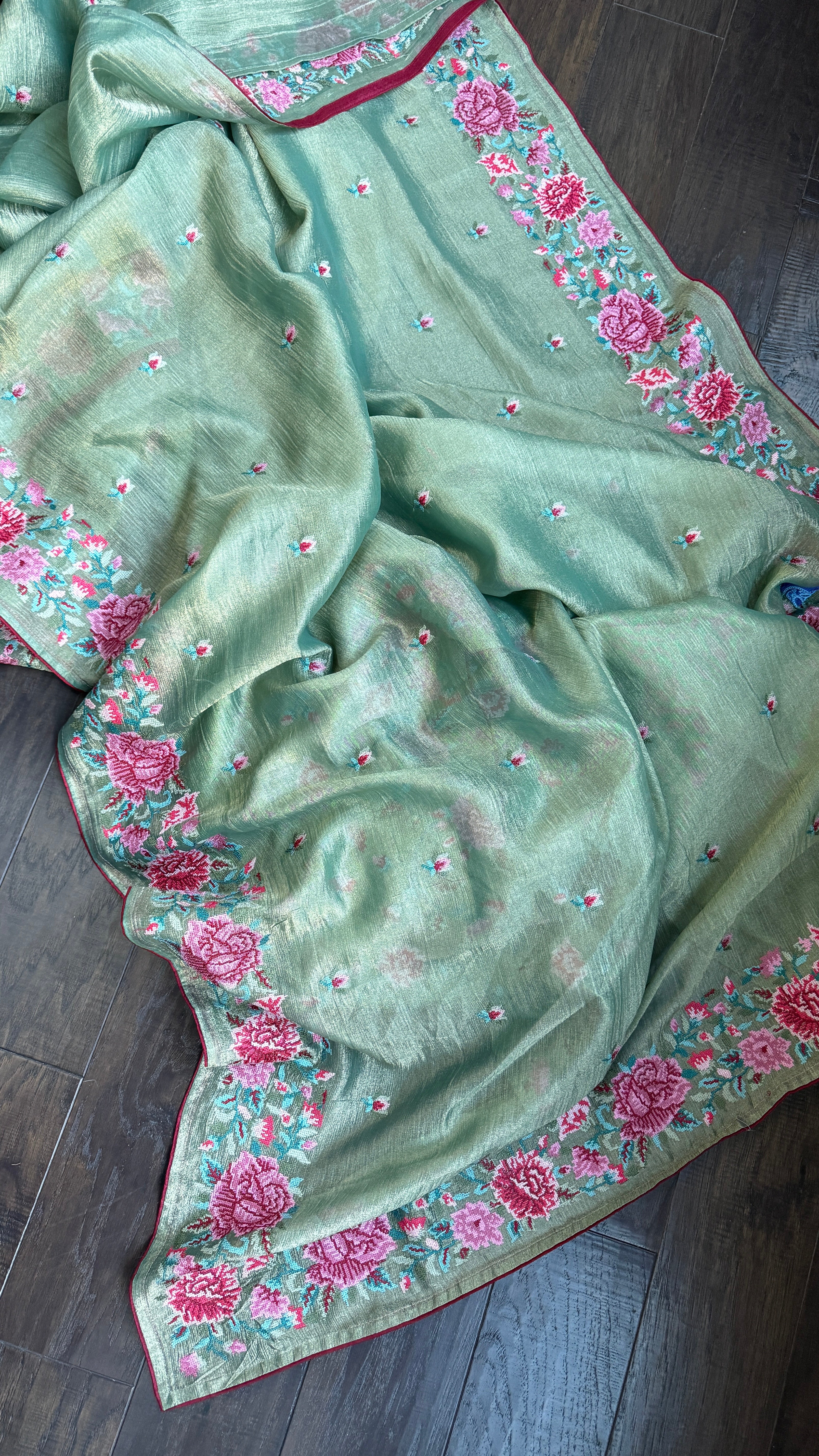 Designer Crushed Tissue Silk - Sea green Embroidered