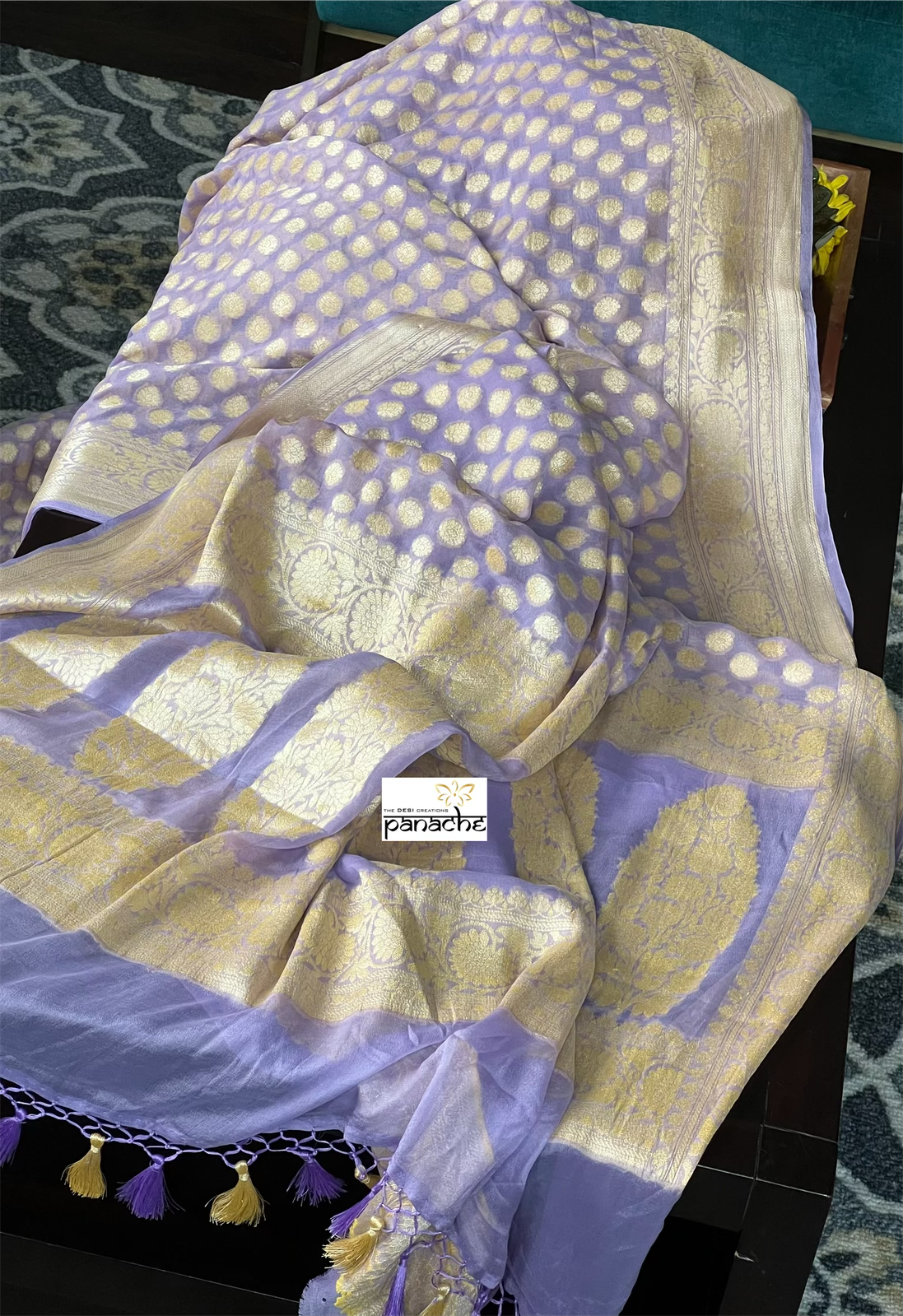 Georgette Silk Banaras - Light Lavender Grey Golden Zari