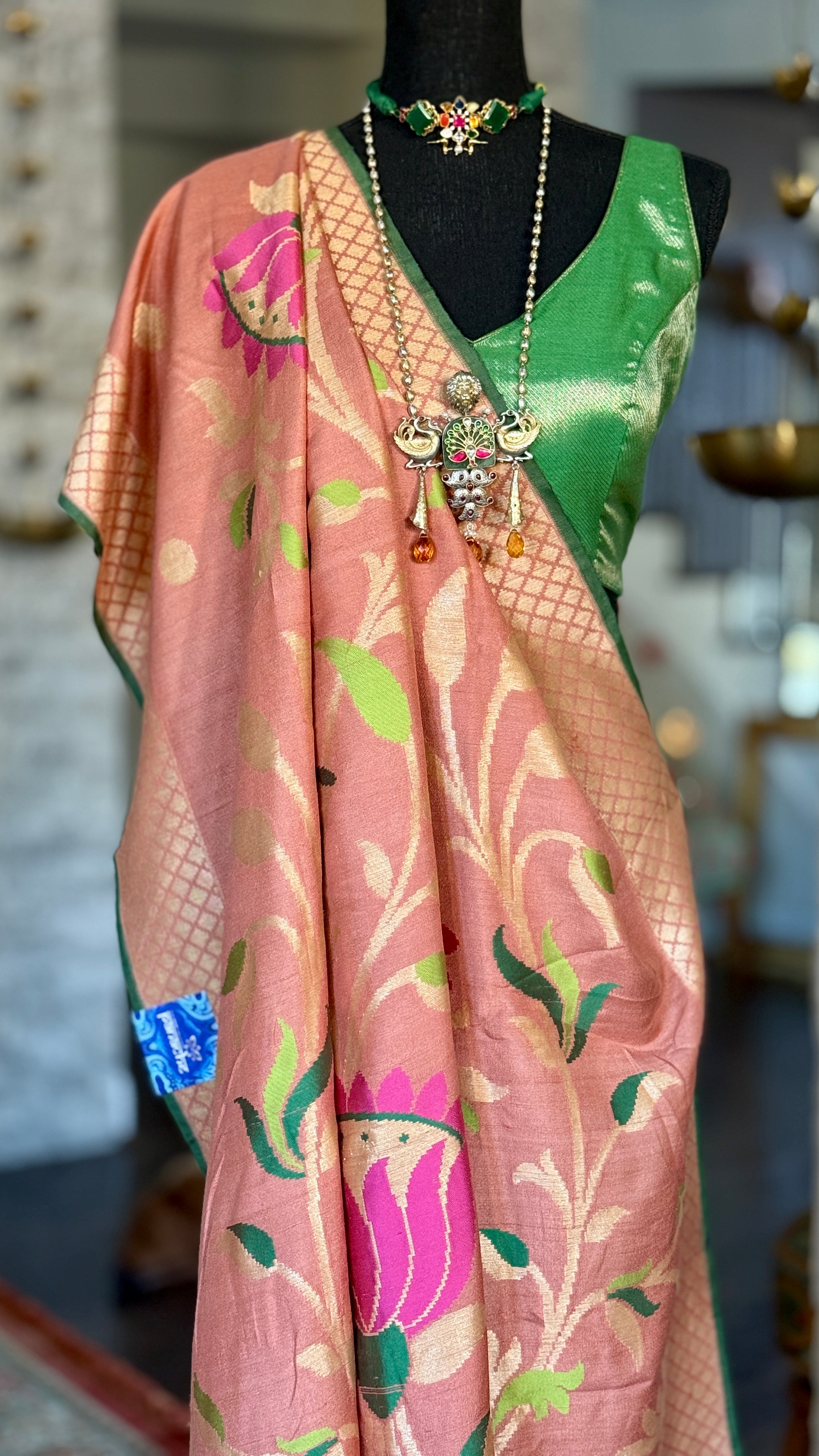 Khaddi Tussar Banarasi -  Gajri Pink Green Paithani