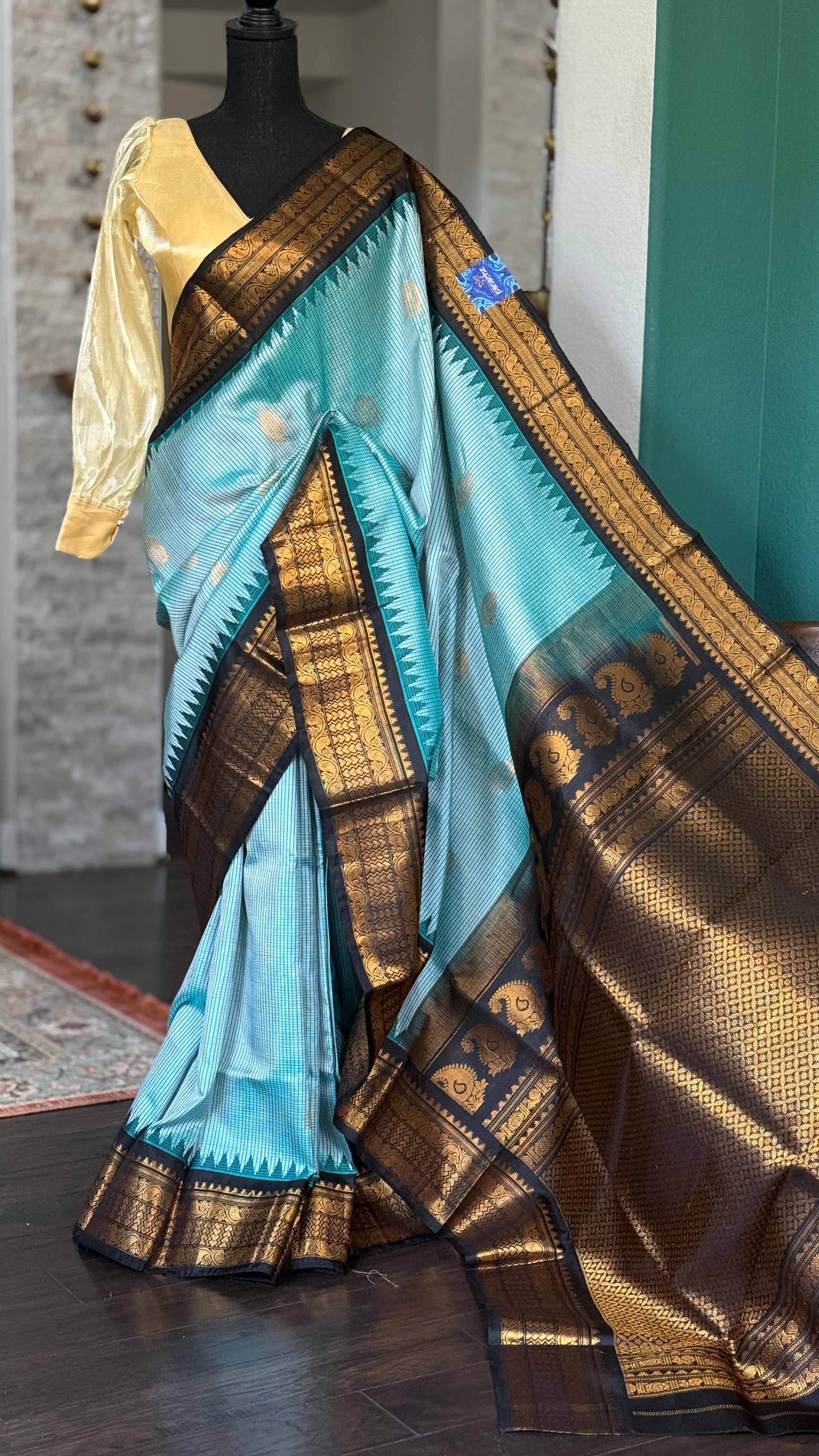 Pure Silk Gadwal - Aqua Sea Blue Black