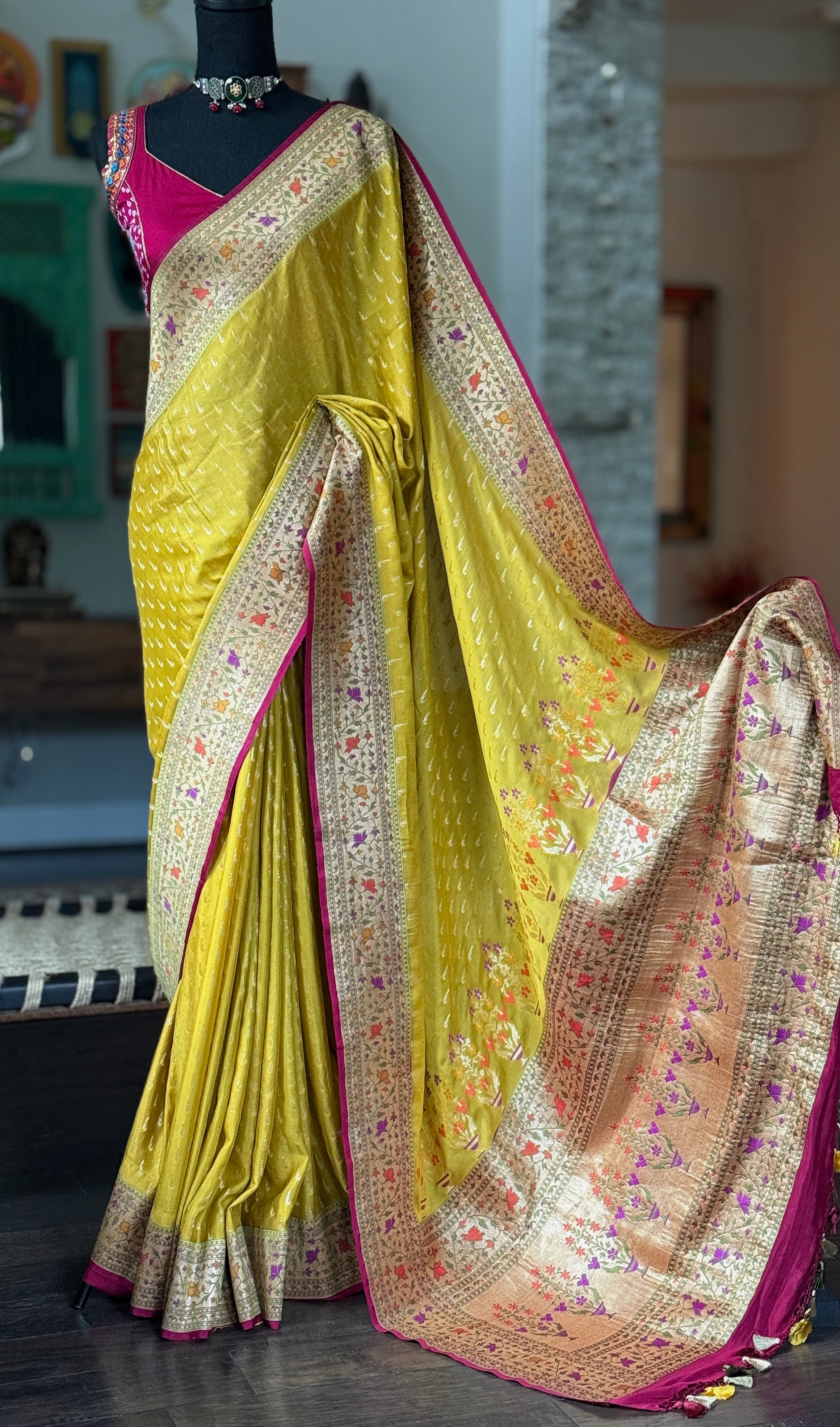 Khaddi Georgette Banarasi - Ochre Yellow Mahendi Paithani