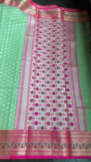 Kora Silk Banaras Chanderi - Pista  Green Paithani