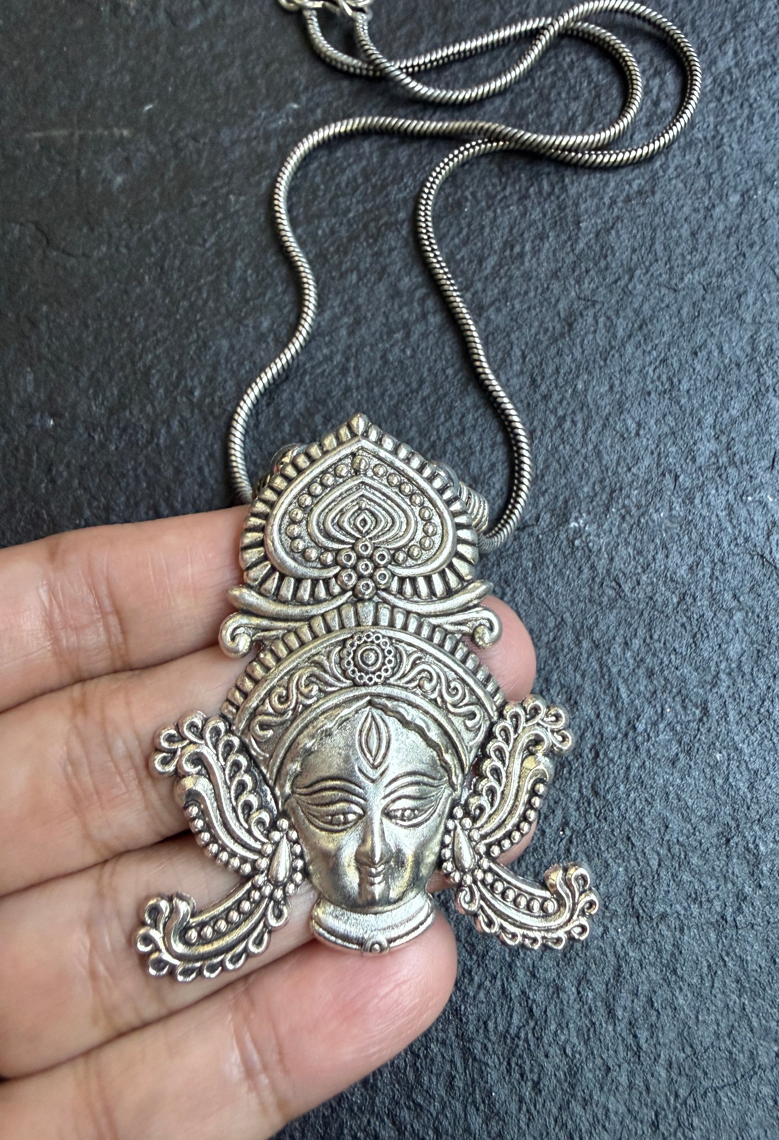German Silver Pendent Durga - Silver Chain