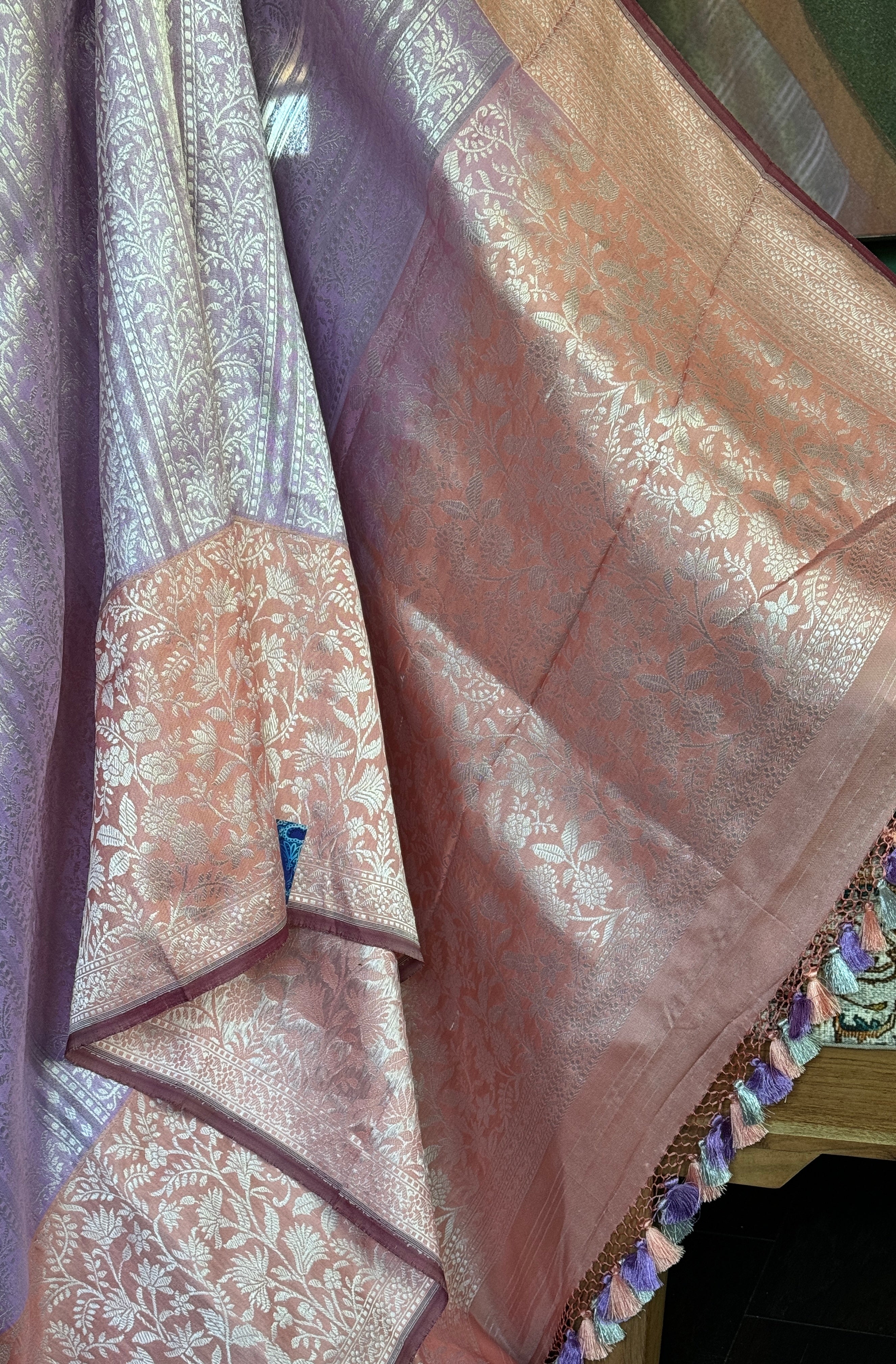 Pure Katan Tissue Silk Banarasi - Lavender Peach Tanchui