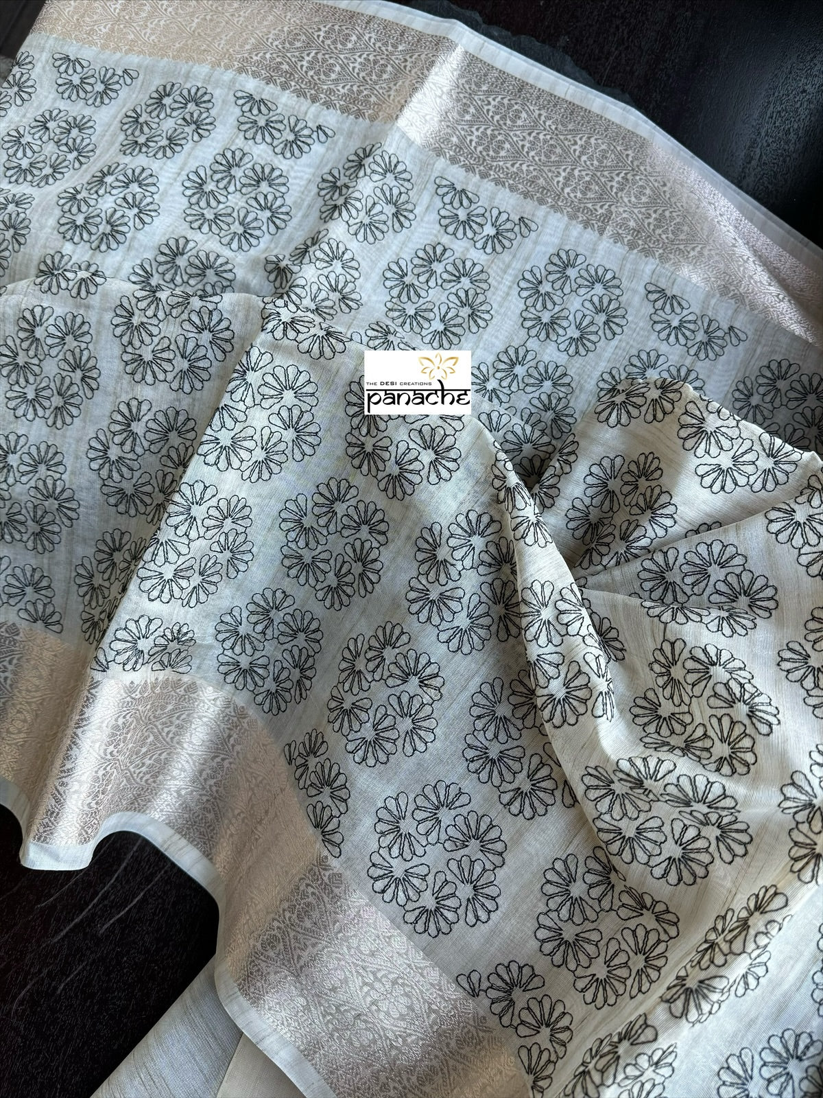 Cotton Silk Banaras Chanderi - Beige Black Embroidered