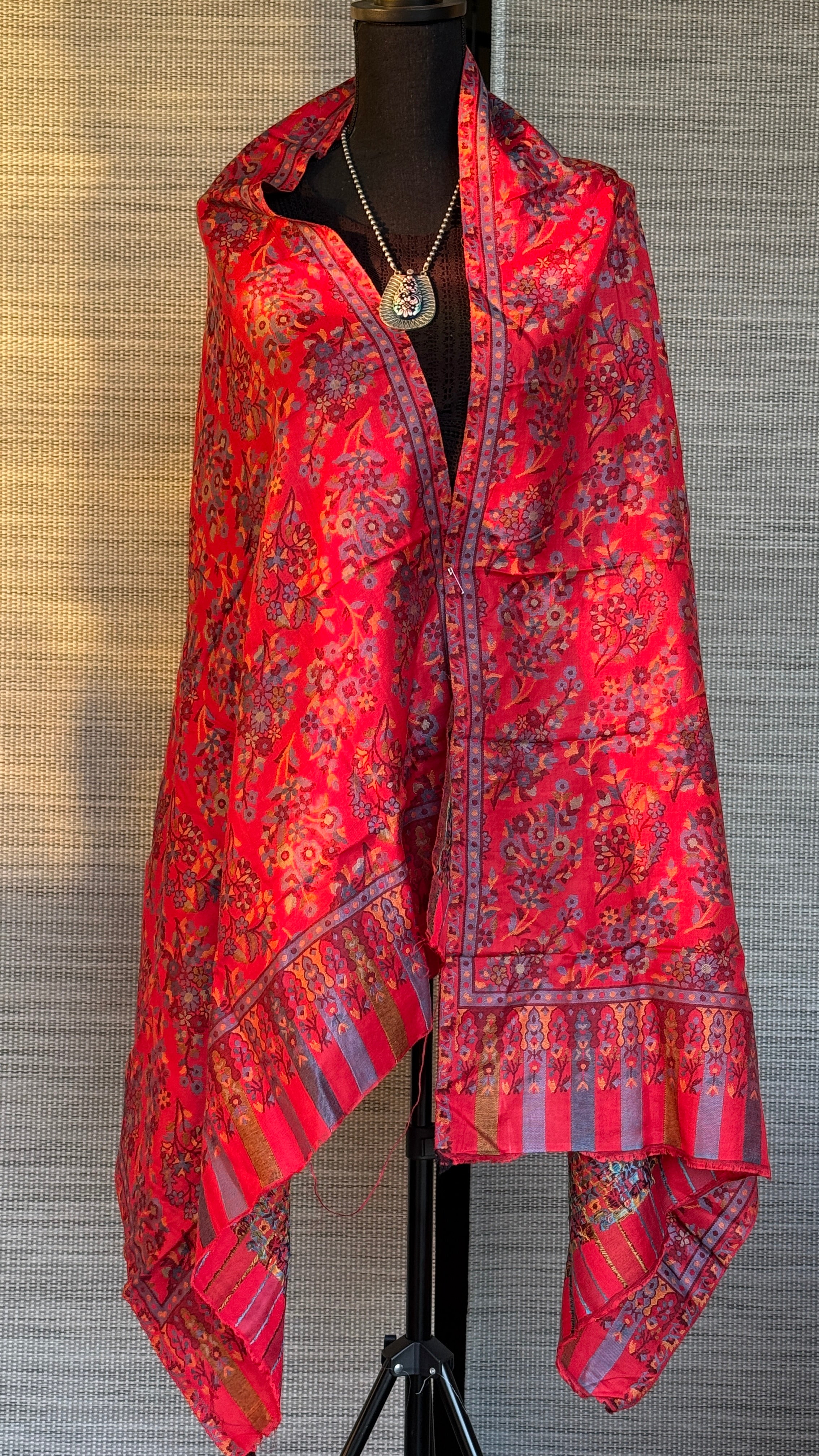 Kashmiri Semi Pashmina Stole - Red Multi 2 Resham Woven