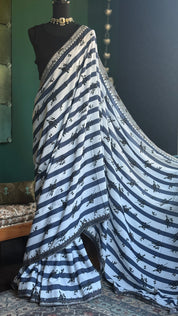 Designer Georgette- White Blue Black