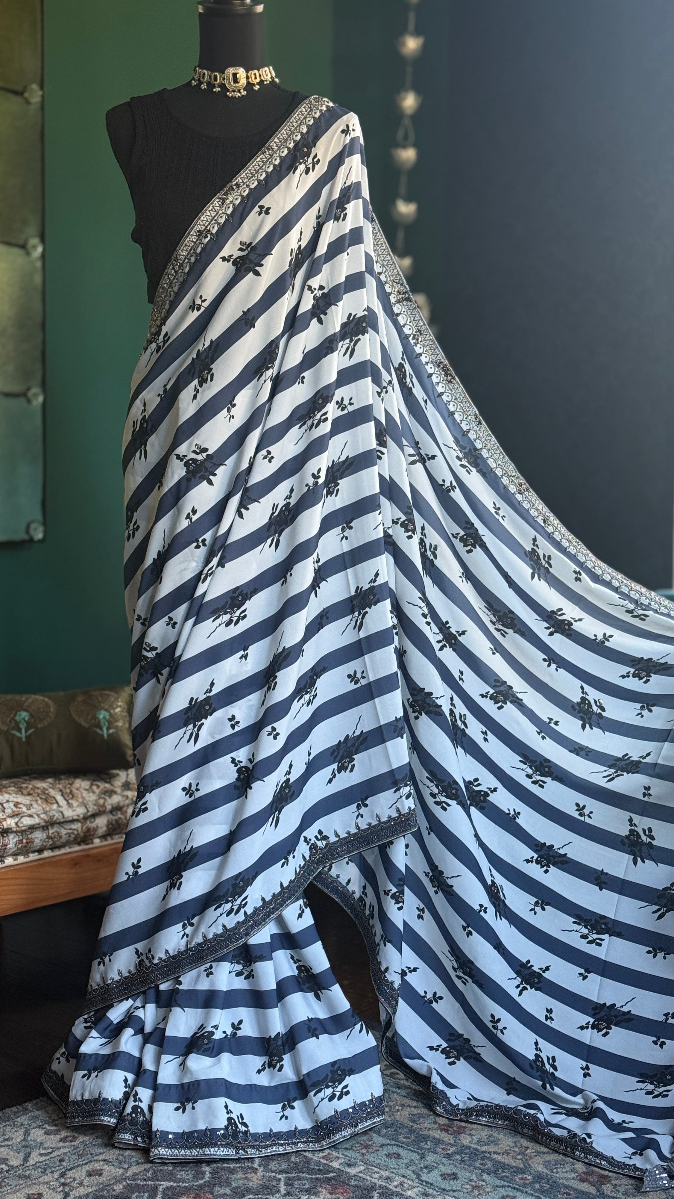 Designer Georgette- White Blue Black