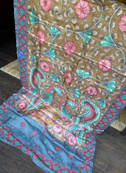Tussar Silk Pen Kalamkari - Brown Hand Kutch Embroidered