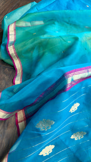 Pure Chanderi Organza Silk - Firozi and Green Shaded