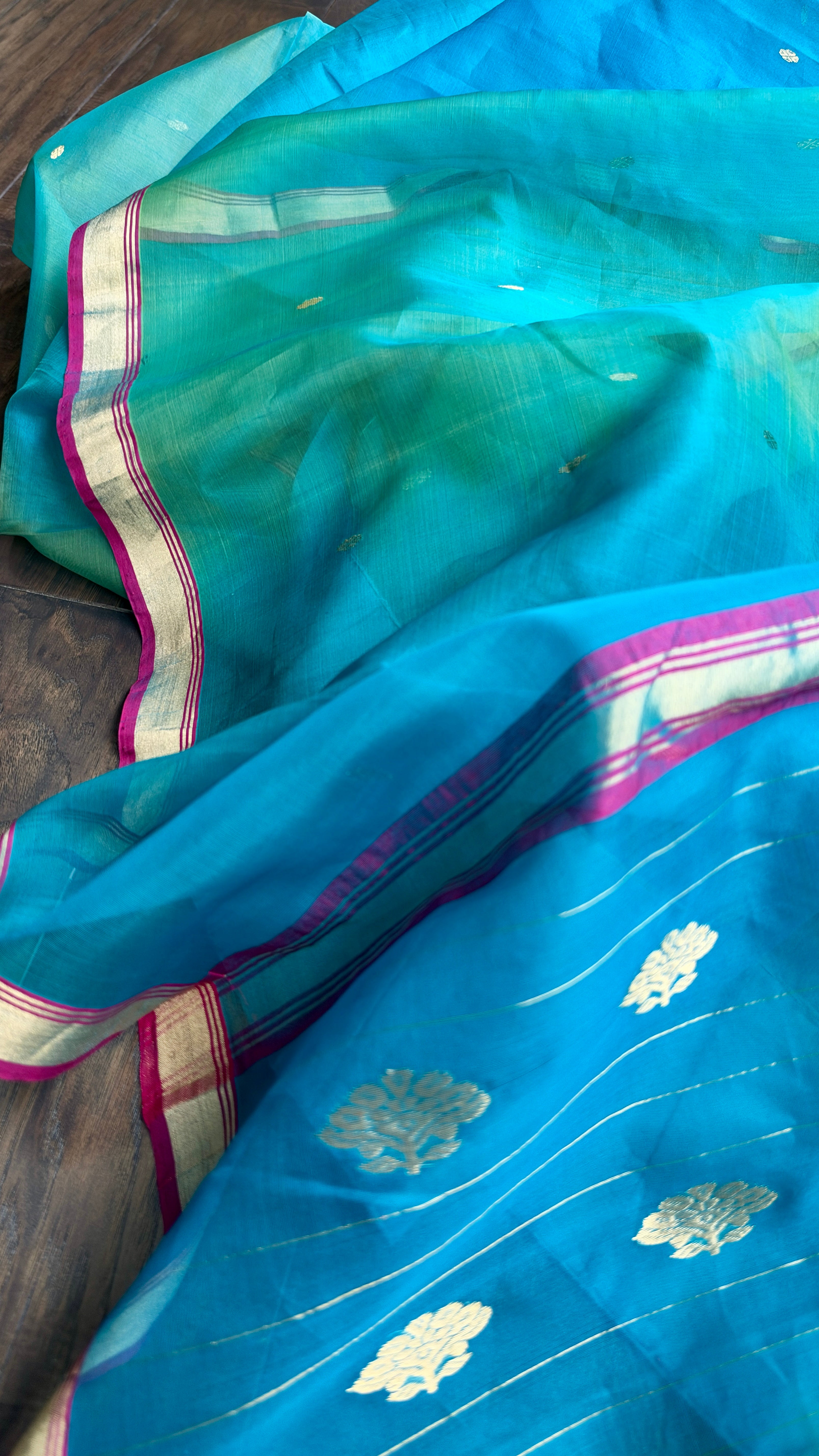 Pure Chanderi Organza Silk - Firozi and Green Shaded