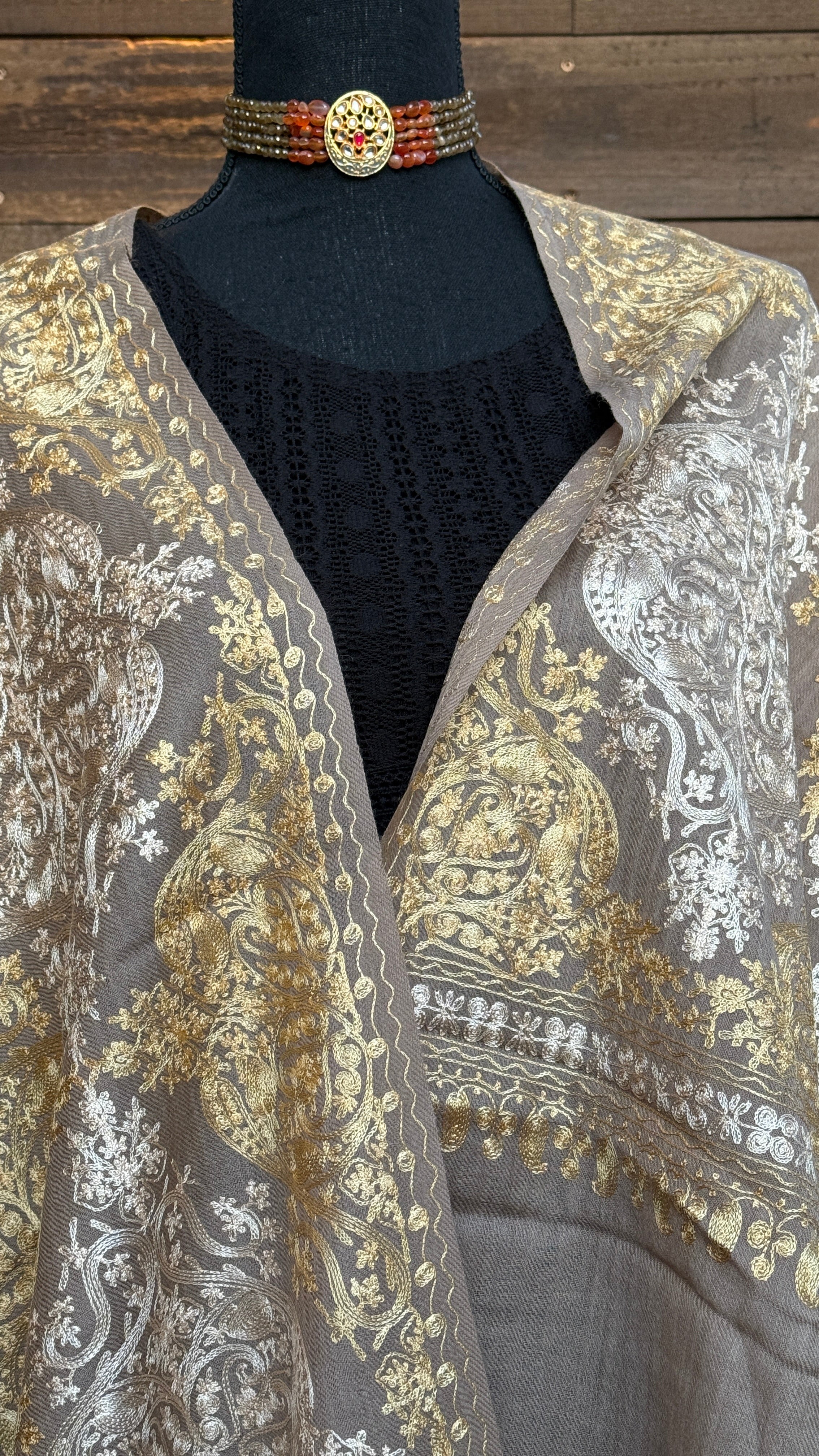 Kashmiri Woven Stole - Gray Yellow