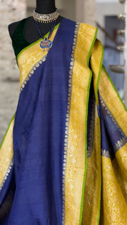 Tussar Georgette Banarasi- Navy Blue Ochre Yellow