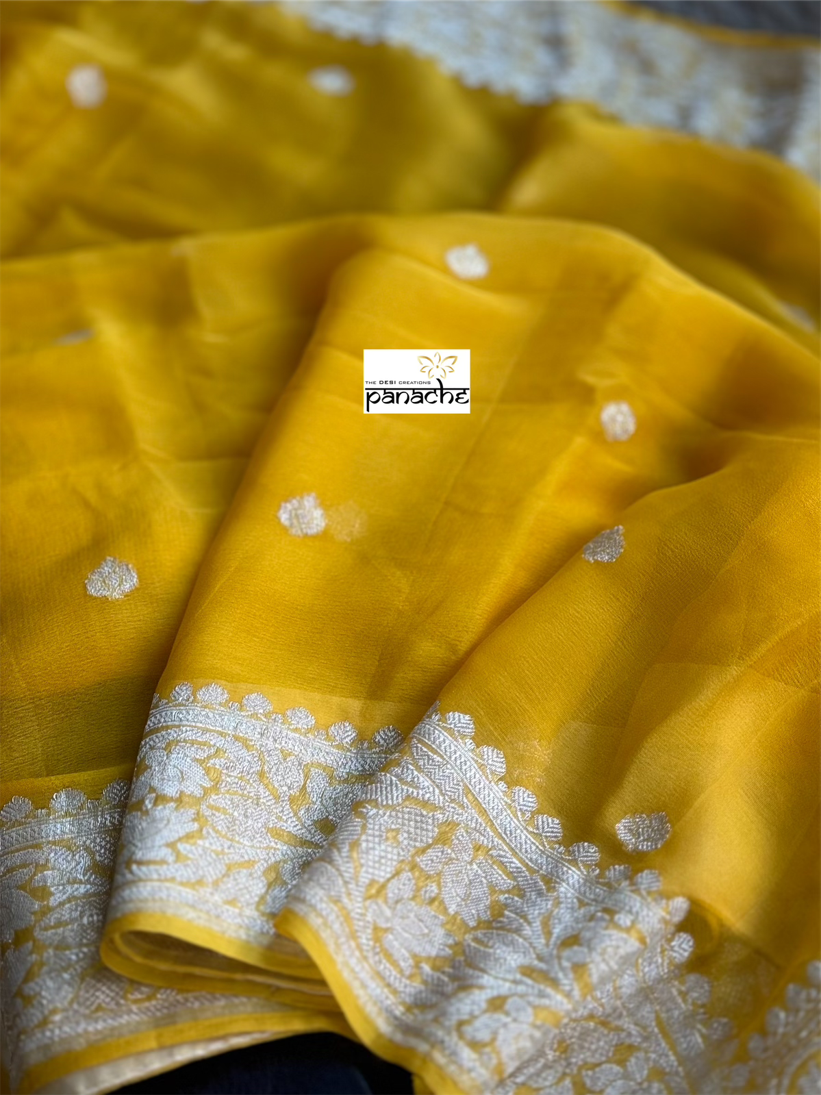 Khaddi Chiffon Kadwa Banarasi - Yellow Silver Zari