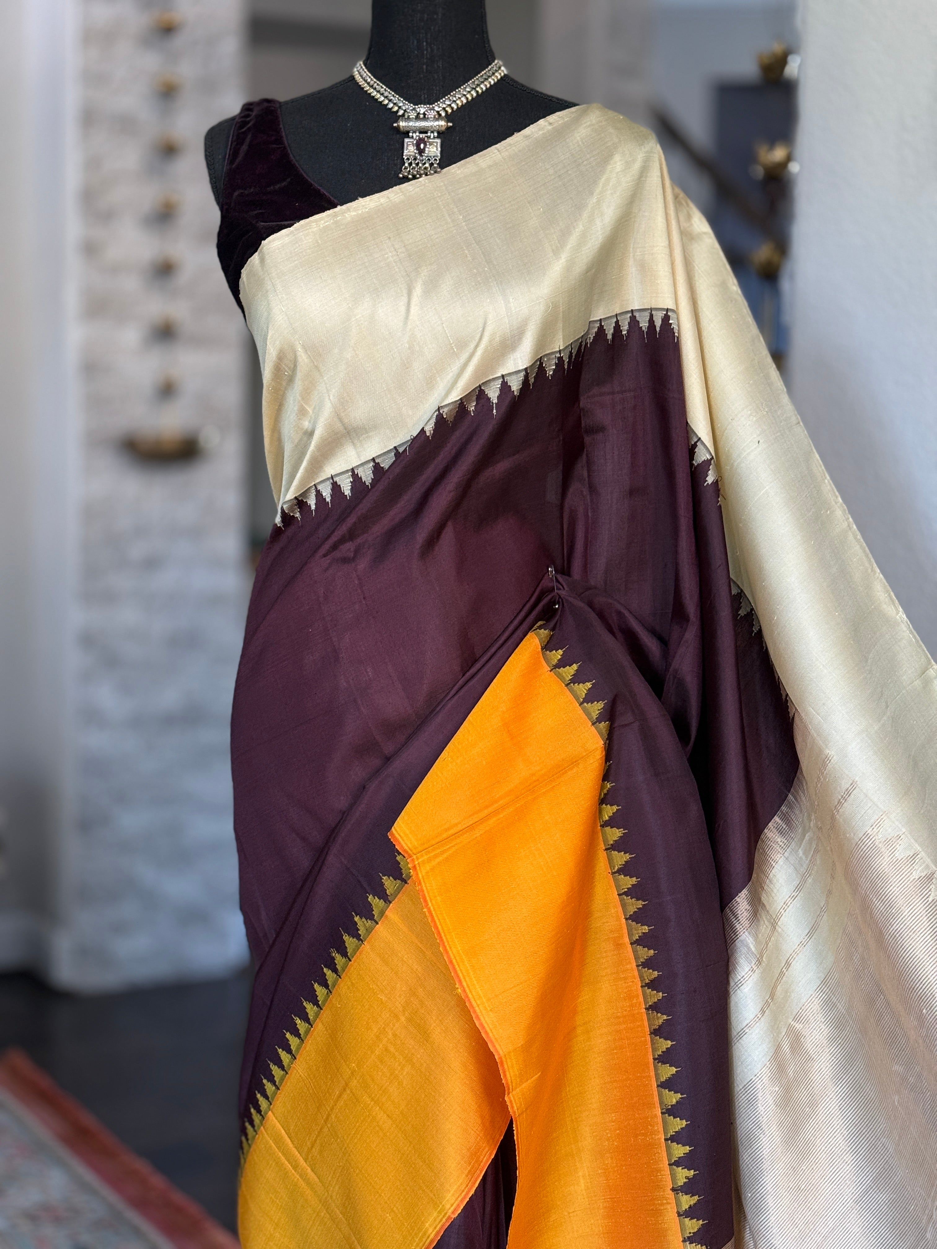 Pure Silk Gadwal - Plum Brown Ganga Yamuna