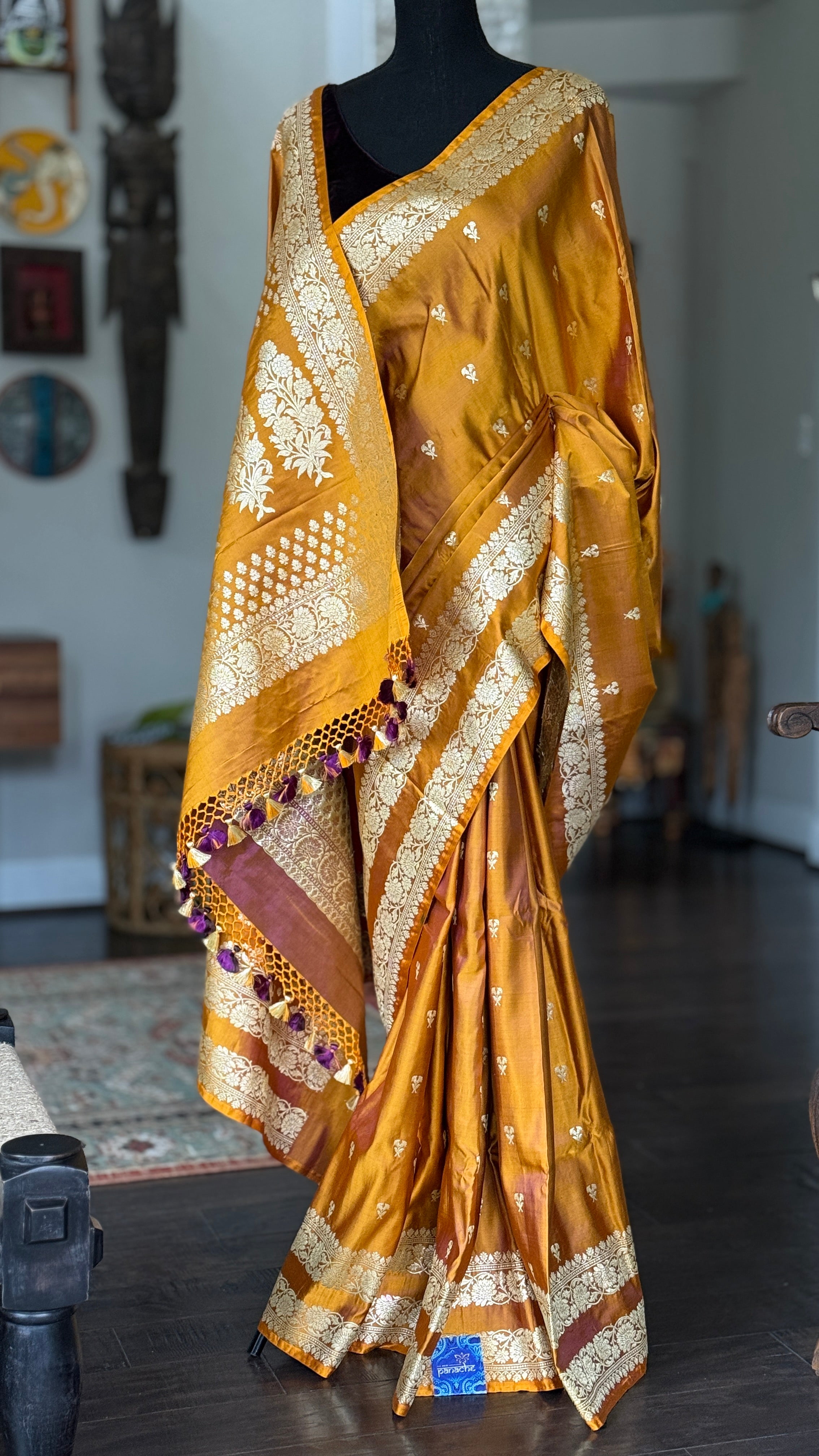 Pure Silk Mashru Banaras i- Golden Ochre Yellow
