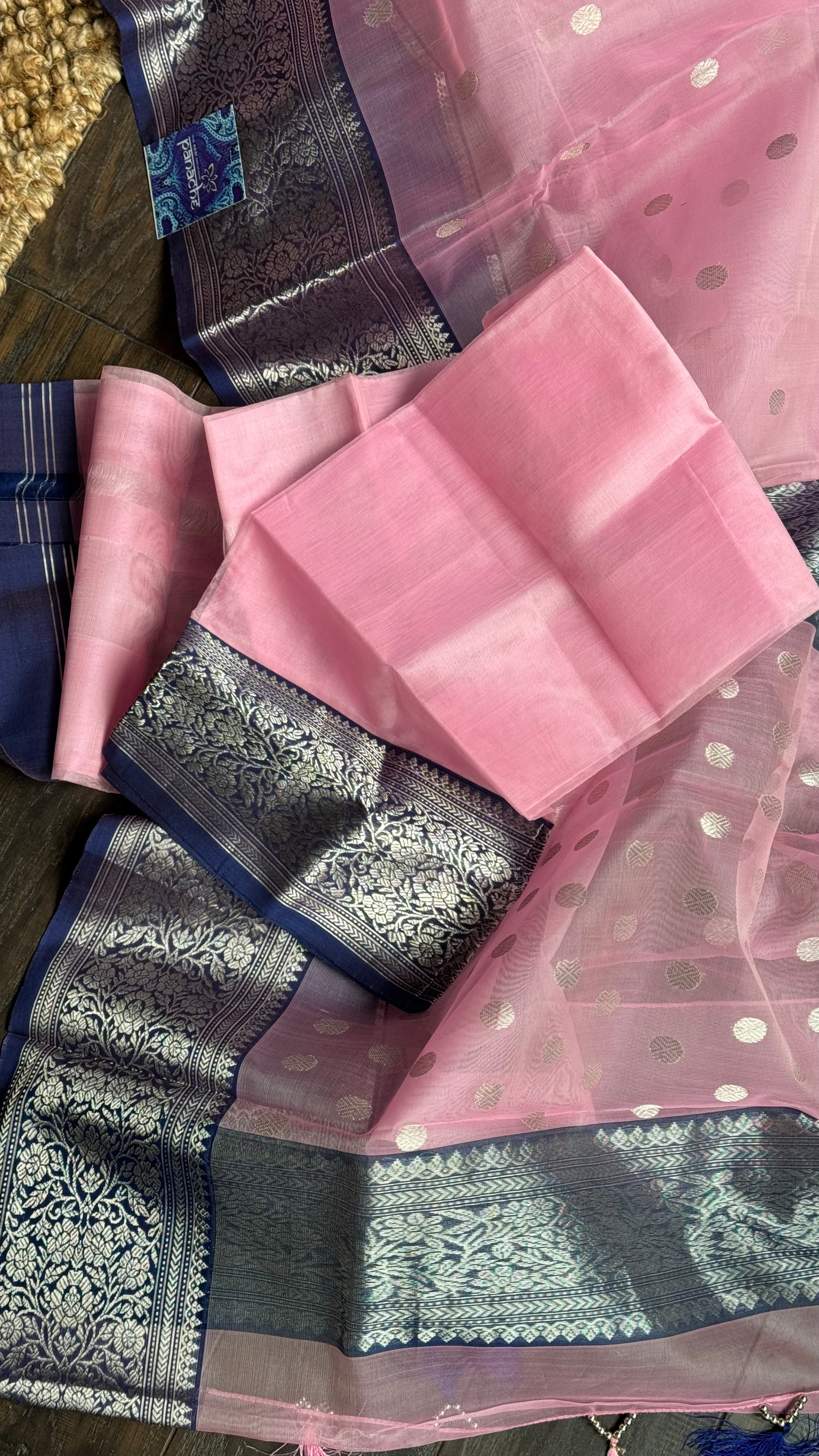 Chanderi Organza Silk - Baby Pink Blue