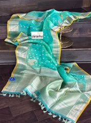 Pure Organza Silk Banarasi - Sea Green Yellow