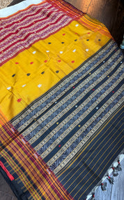 Sambalpuri Handloom Double Ikat *KATHIE-PHERA* Mulberry Silk saree - Off-white Red Yellow Black