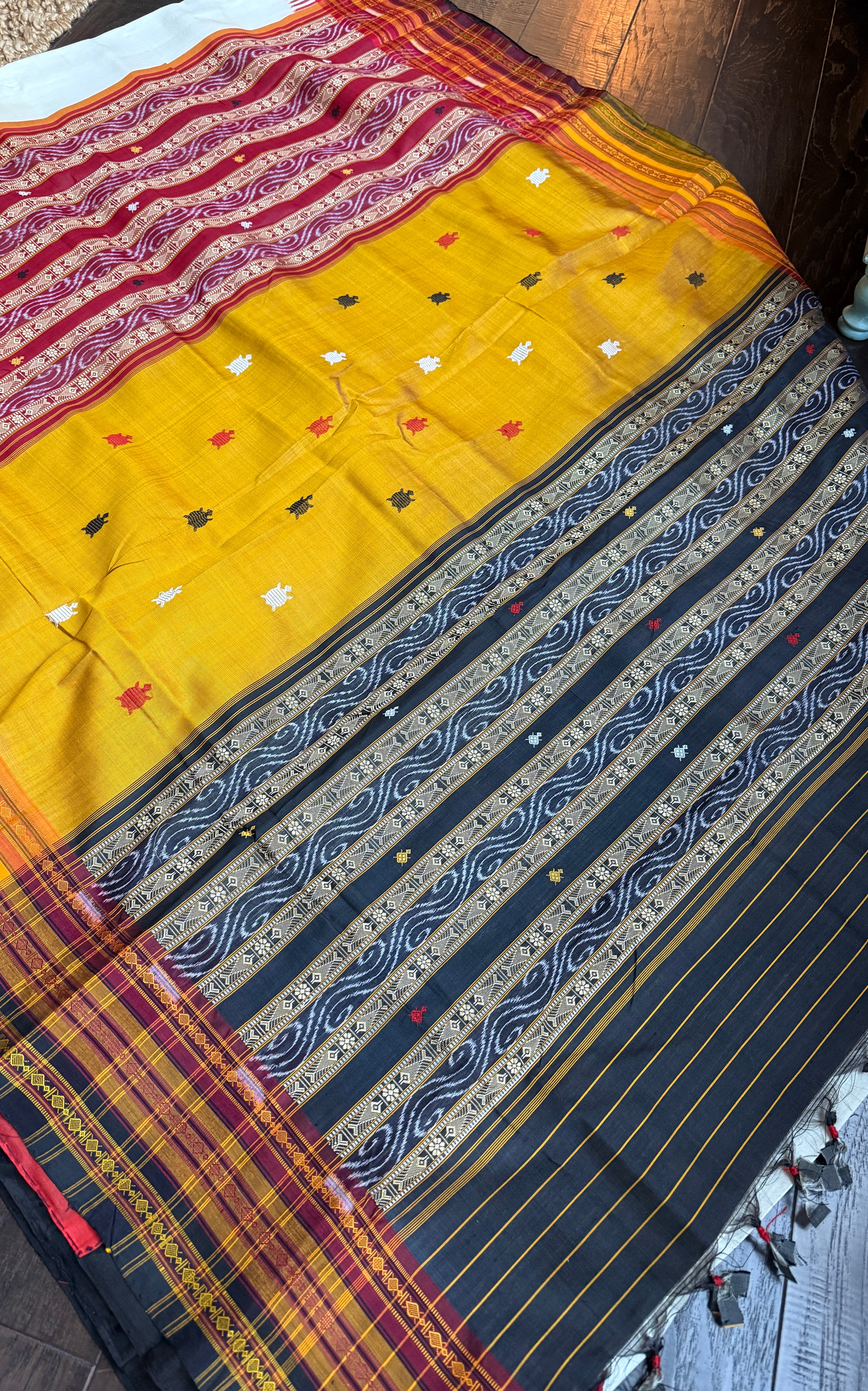 Sambalpuri Handloom Double Ikat *KATHIE-PHERA* Mulberry Silk saree - Off-white Red Yellow Black